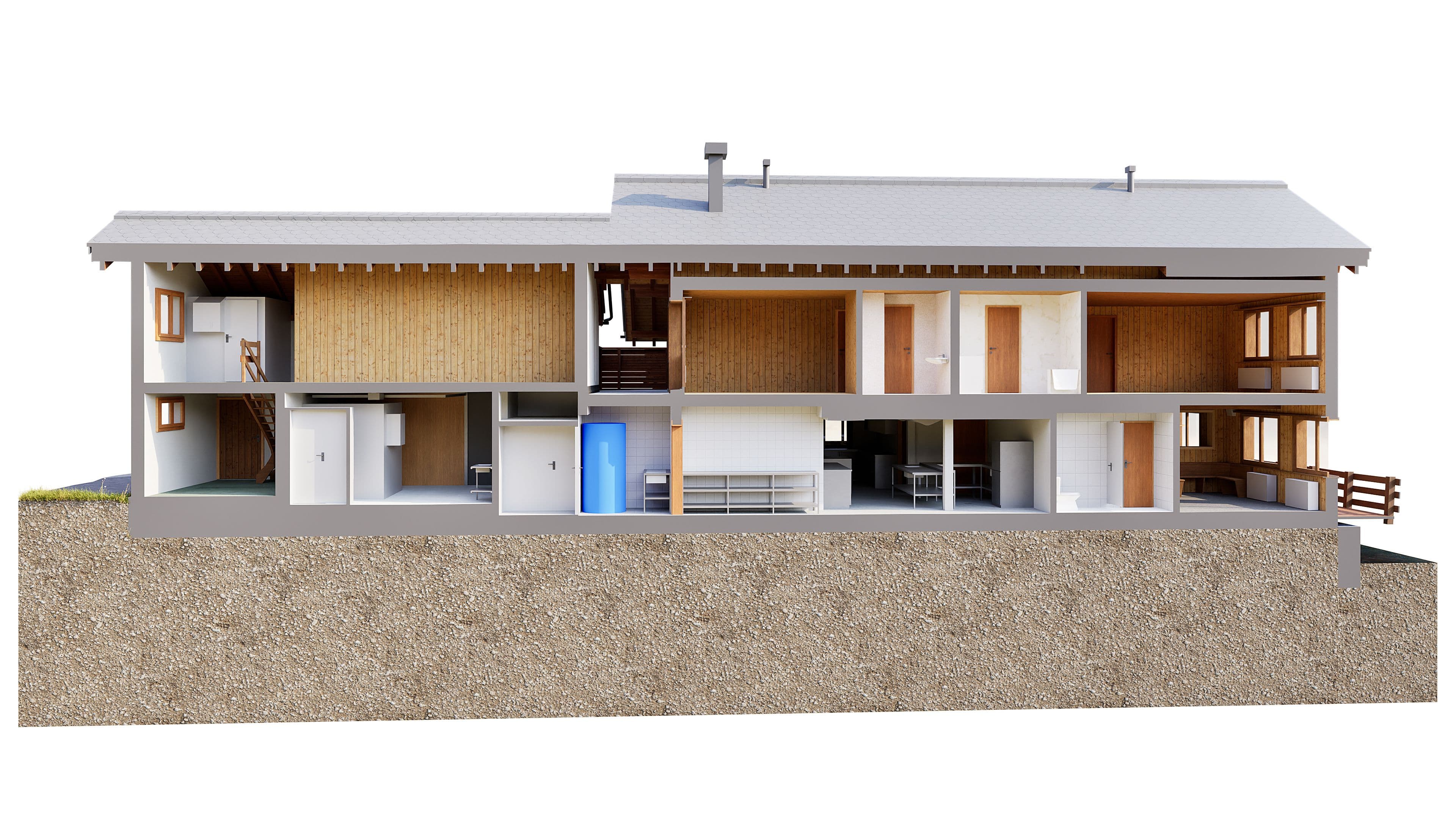 3D-Schnittansicht eines modernen Einfamilienhauses am Hang mit Flachdach, Holzfassade und sichtbaren Innenräumen, Technikraum und Garage; Architektur-Visualisierung im Querschnitt.
