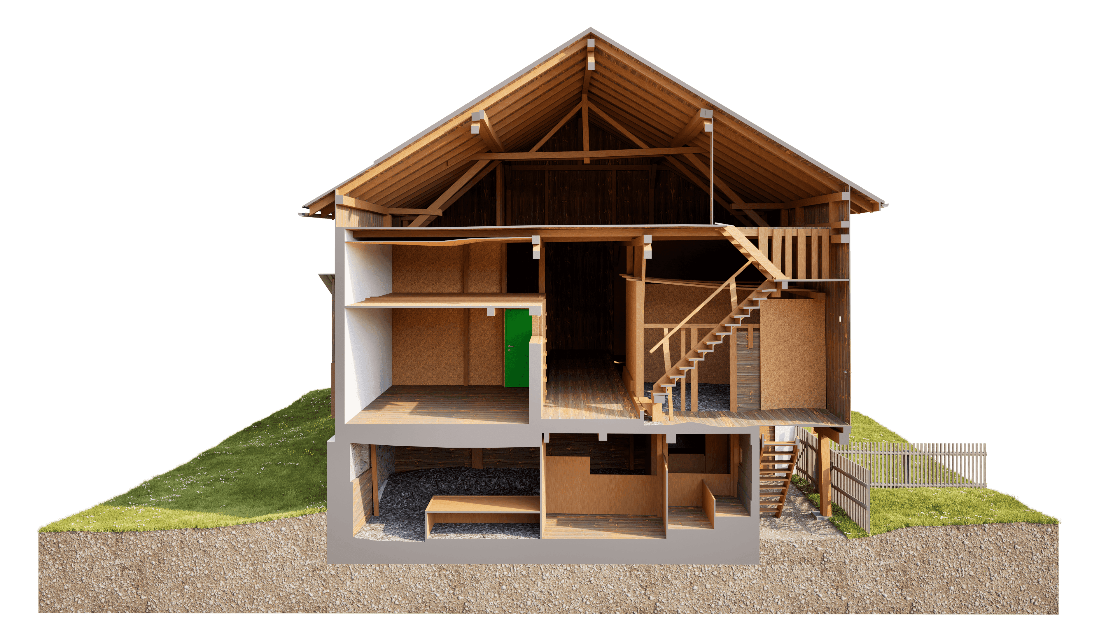 3D-Schnittmodell eines Einfamilienhauses mit Dachstuhl, Treppe und mehreren Etagen inklusive Keller und Fundament, zeigt Innenräume und Raumaufteilung in Holzbauweise.