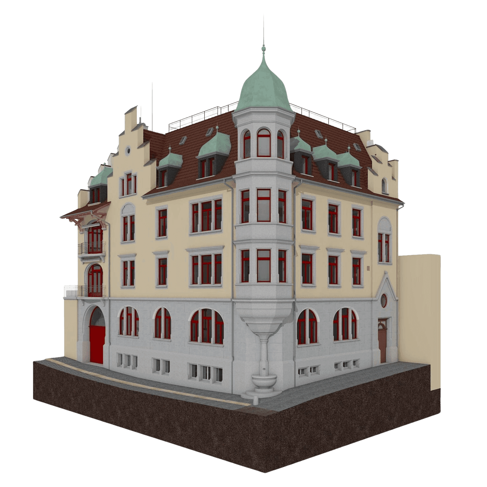 Das Bild zeigt ein historisches, mehrstöckiges Gebäude mit roten Fensterrahmen, Zierturm und Erker.