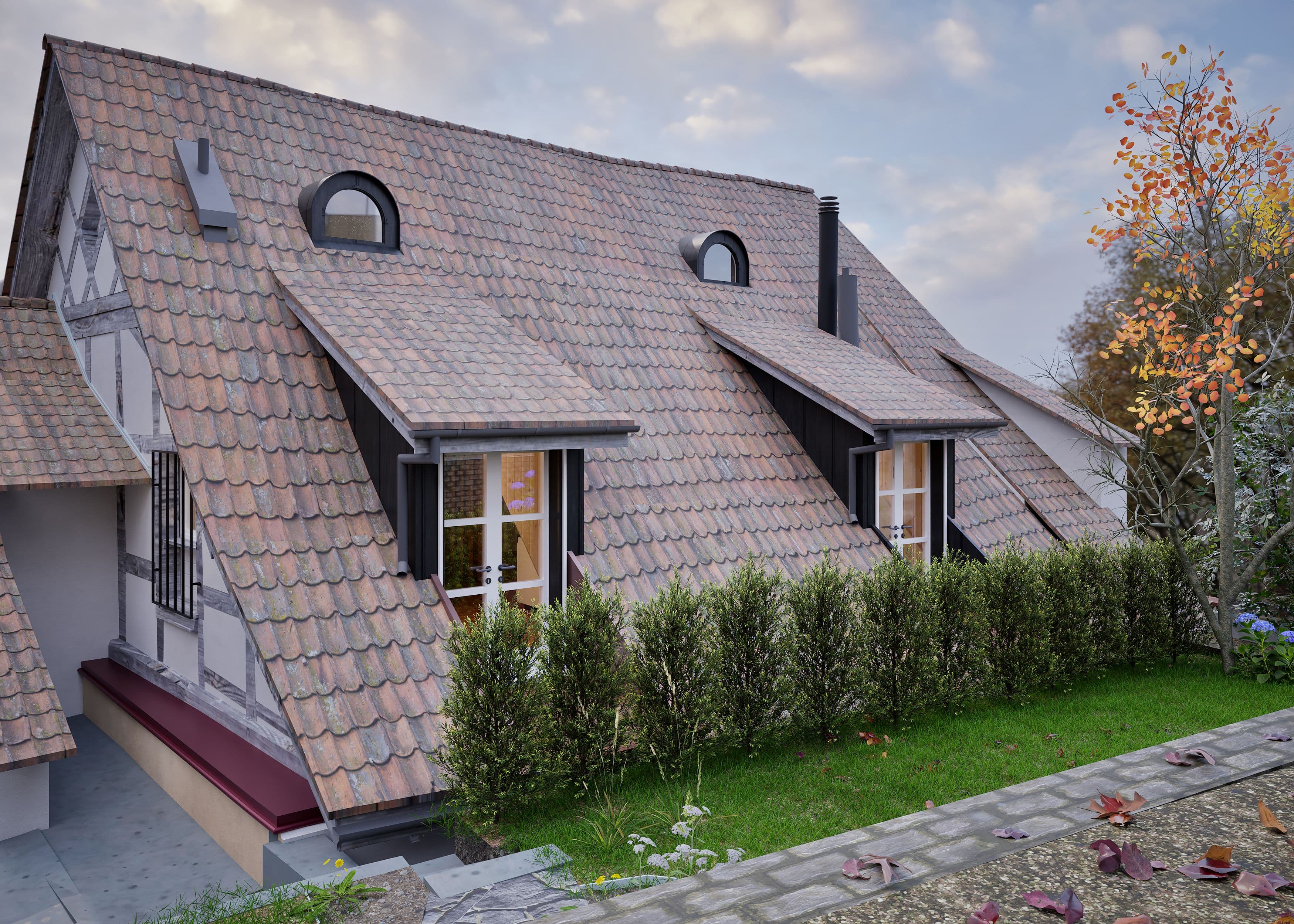Modernes Haus mit steilem Schrägdach, drei Fenstern und gepflegtem Garten.