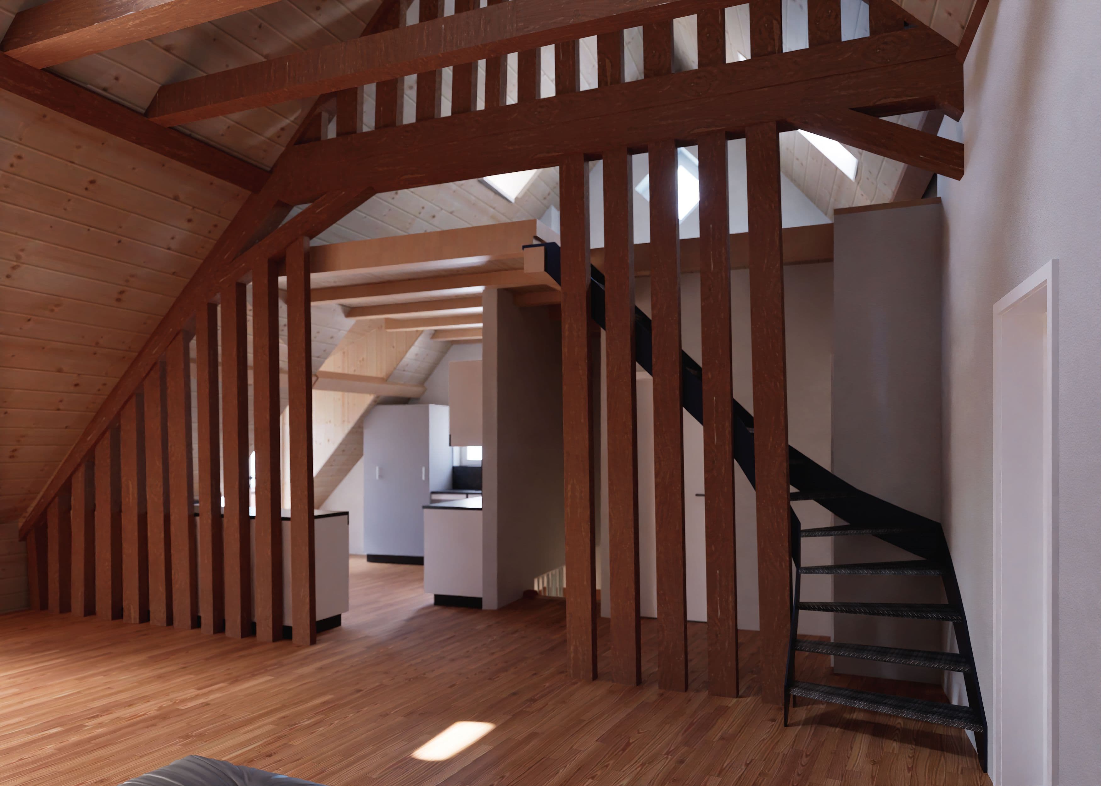 Modernes Loft mit Holzstruktur, offener Raum, Sichtbalken, Treppe und hellem Holzfußboden.