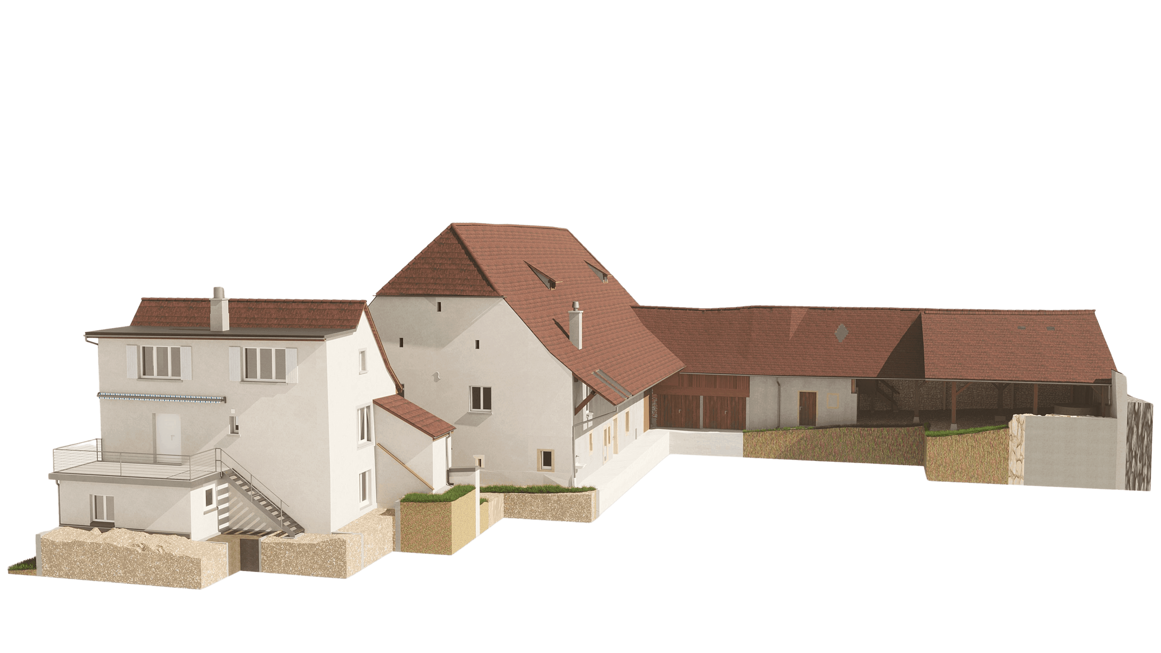 Altes Bauernhaus mit diversen Anbauten und roten Dächern.