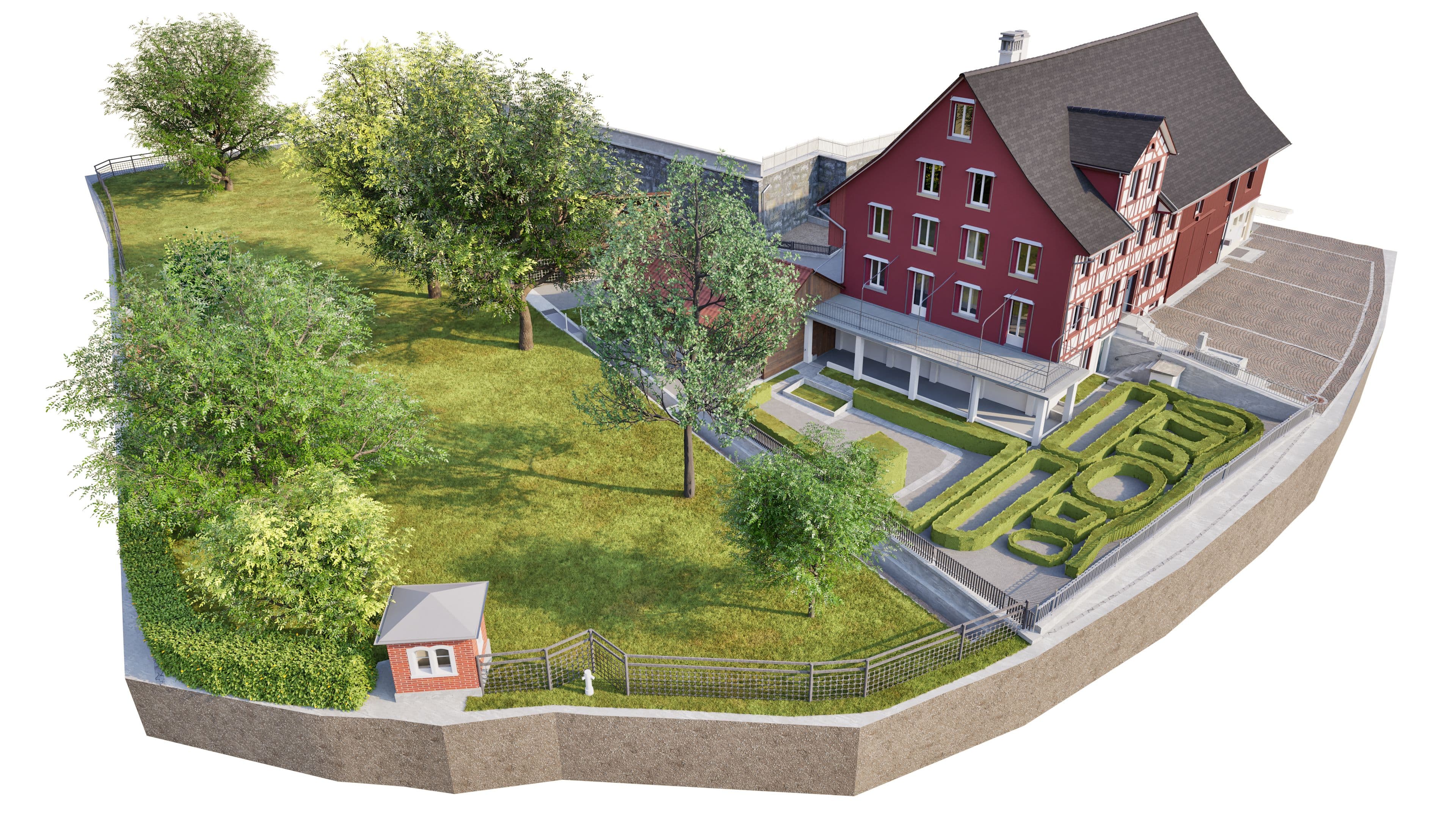 3D-Visualisierung eines roten historischen Gebäudes mit Giebeldach, Vorplatz und geometrischem Garten, umgeben von Grünfläche, Bäumen, Zaun und kleinem Häuschen auf einem abgetrennten Grundstück.