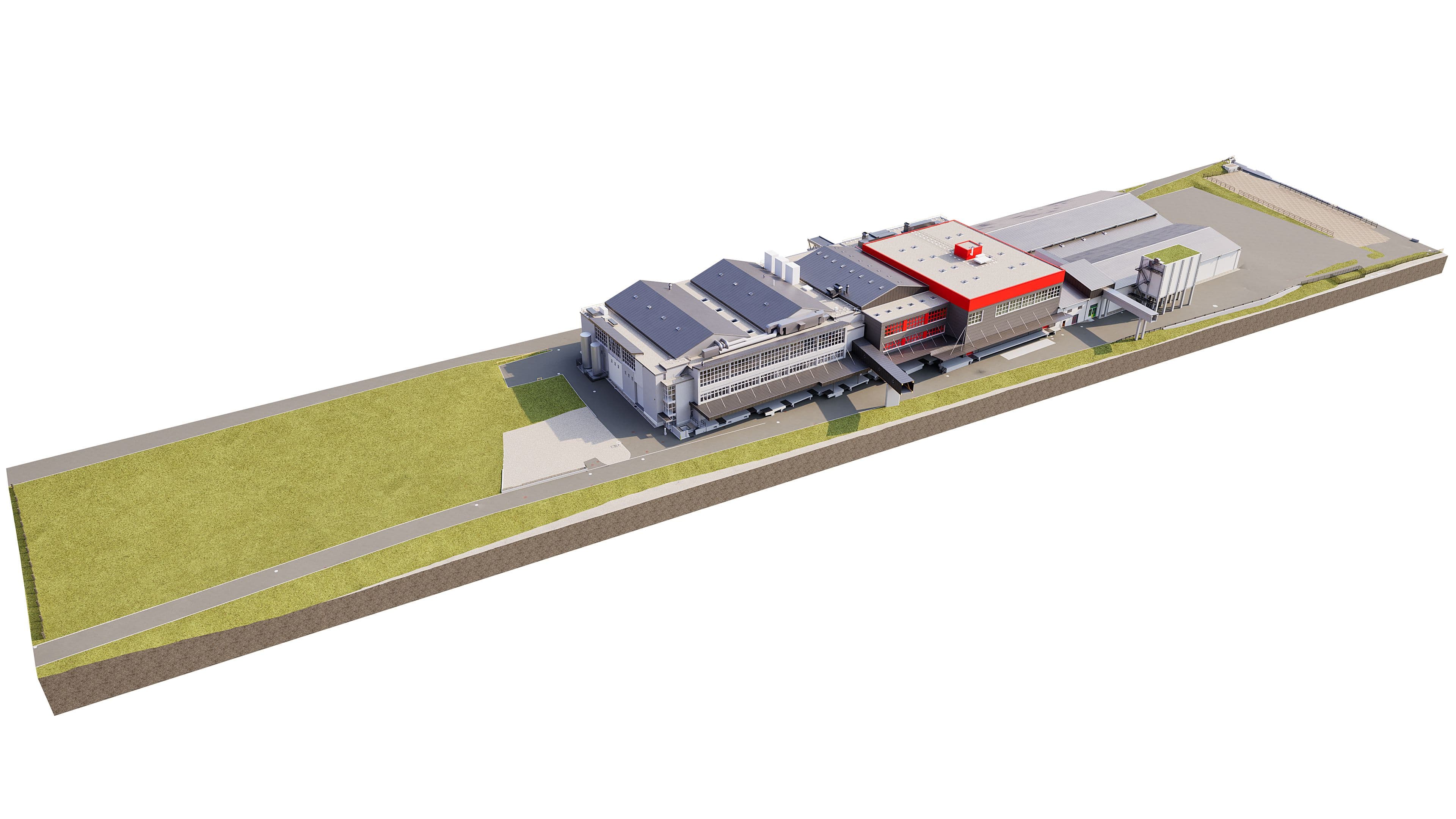 3D-Architekturvisualisierung eines modernen Industrie- und Bürokomplexes mit mehreren Gebäuden, Hallen und Außenflächen auf langem Grundstück, perspektivische Ansicht auf weißem Hintergrund.