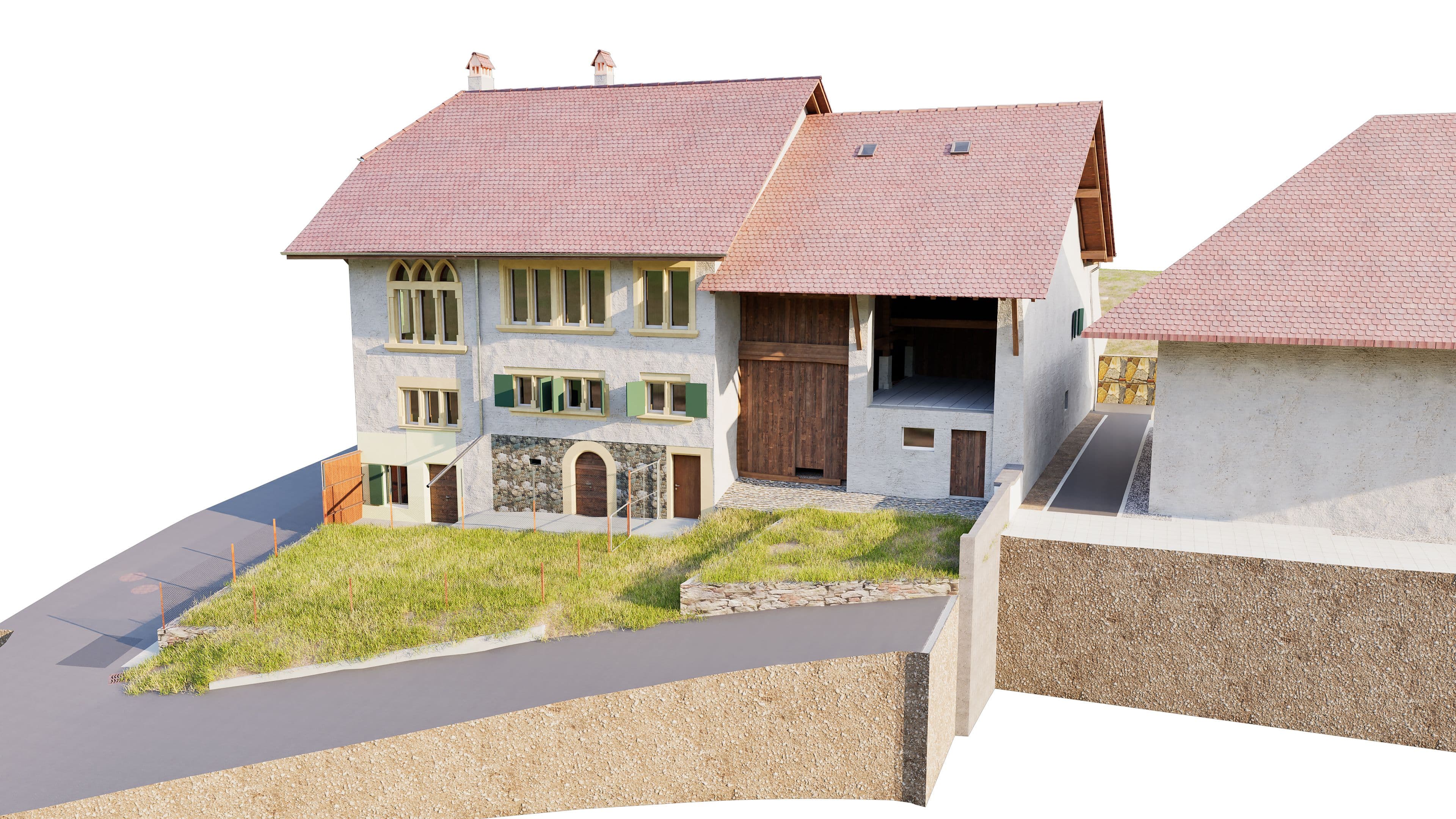 Altes, restauriertes Gebäude mit rotem Ziegeldach und steinernen Elementen, umgeben von Grünflächen und einer Mauer.