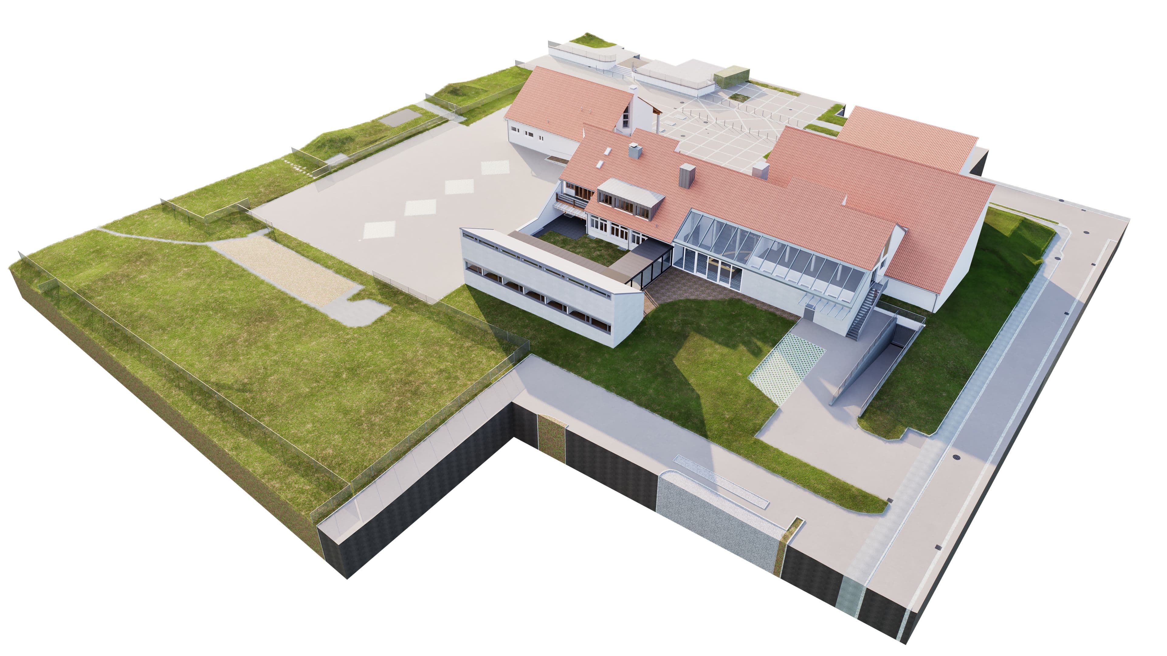Modell eines modernen Gebäudekomplexes mit roten Dächern und grüner Umgebung.