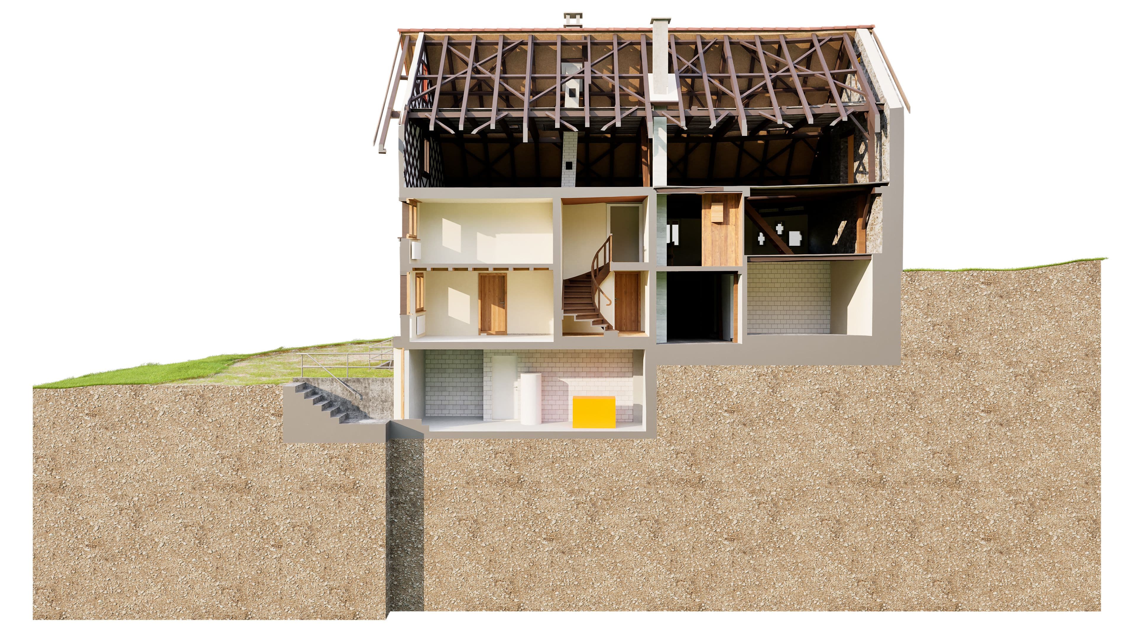 Ein Querschnitt eines mehrstöckigen Hauses mit sichtbarer Dämmung und Glasfasertechnik.