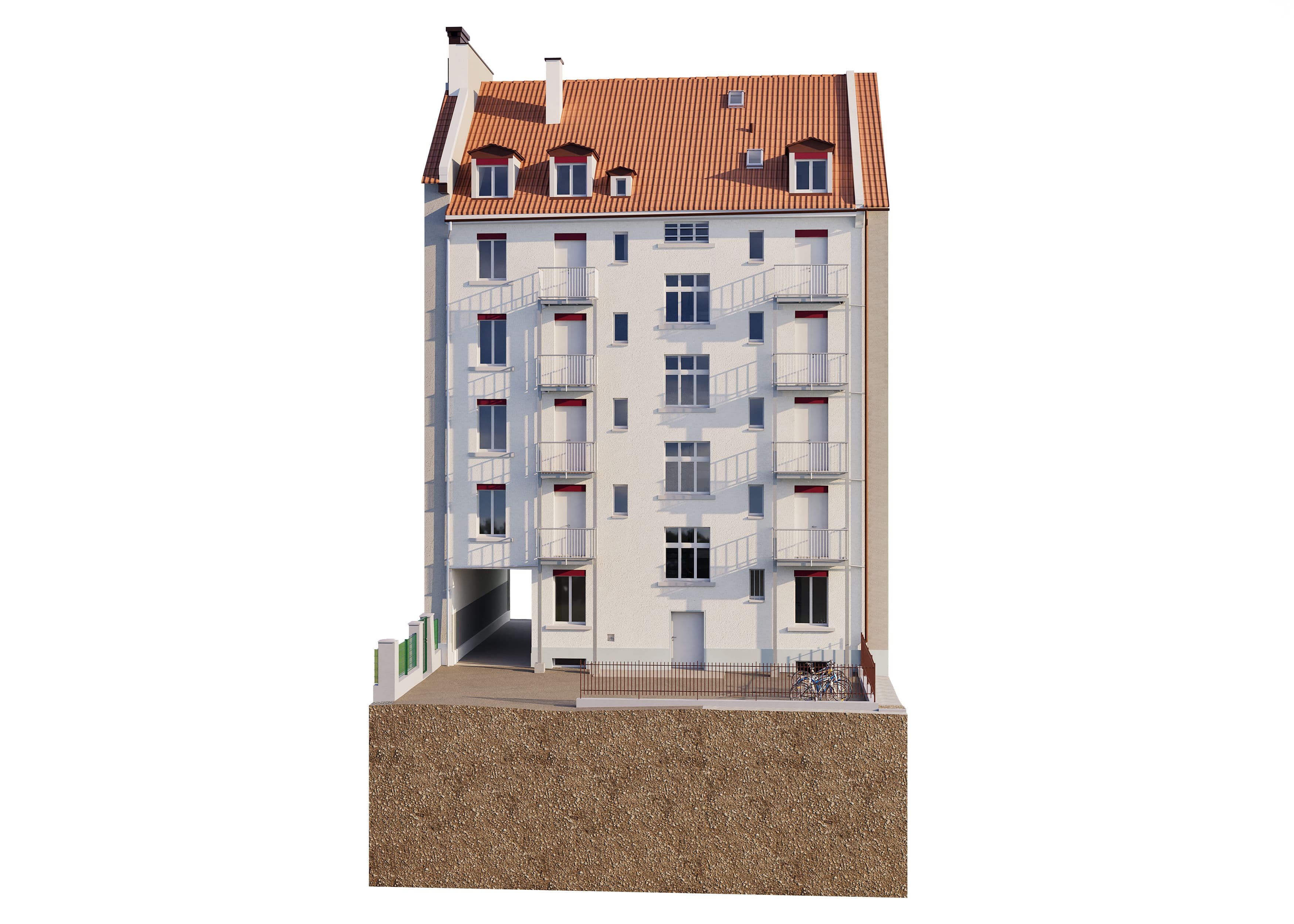 Altbau mit fünf Etagen, modernisiertem Innenhof und rotem Ziegeldach in urbaner Umgebung.