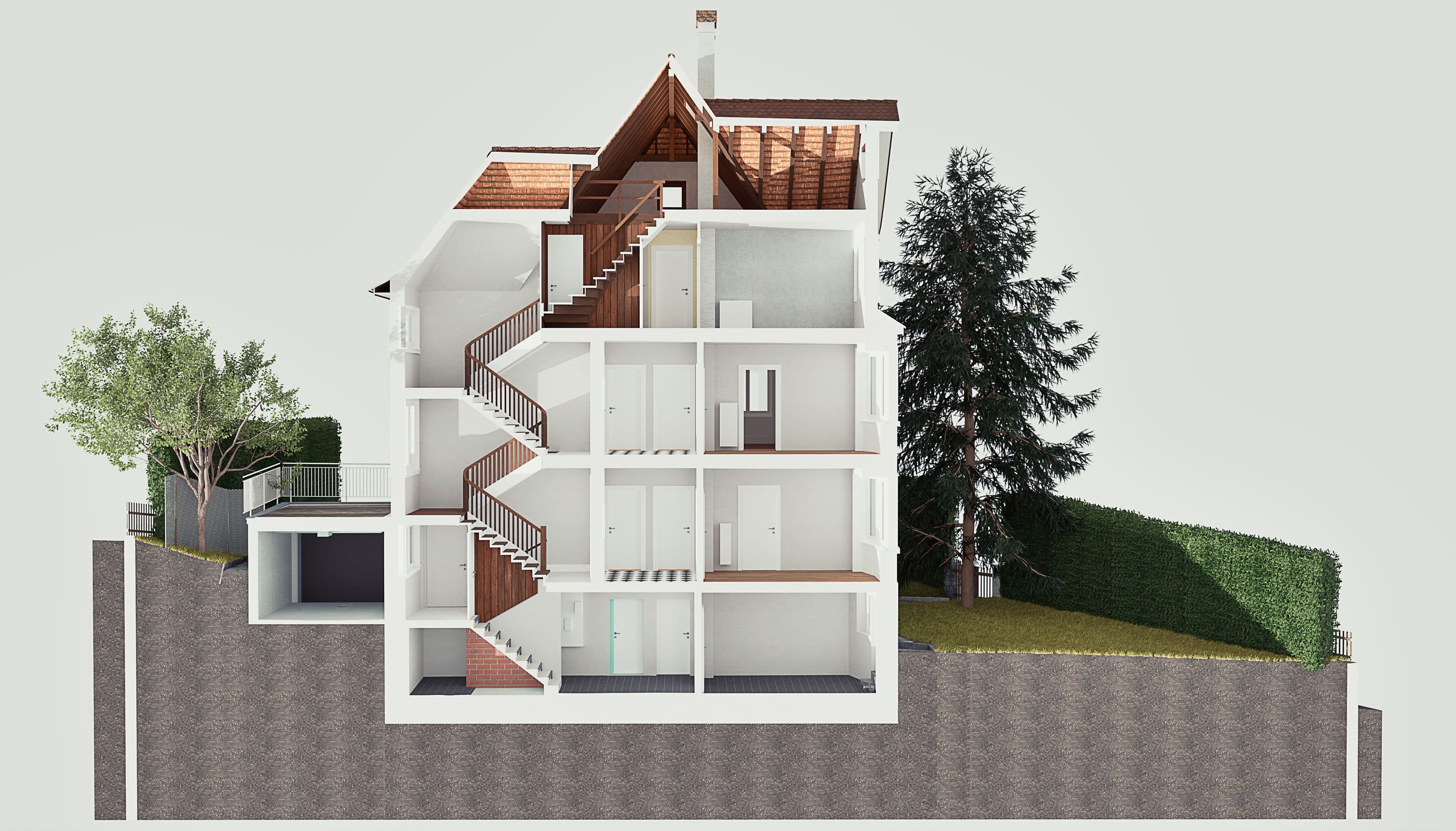 Mehrstöckiges Haus mit Schnittansicht, zeigt Treppen, Zimmer und Dachkonstruktion, umgeben von Bäumen und Hecken.
