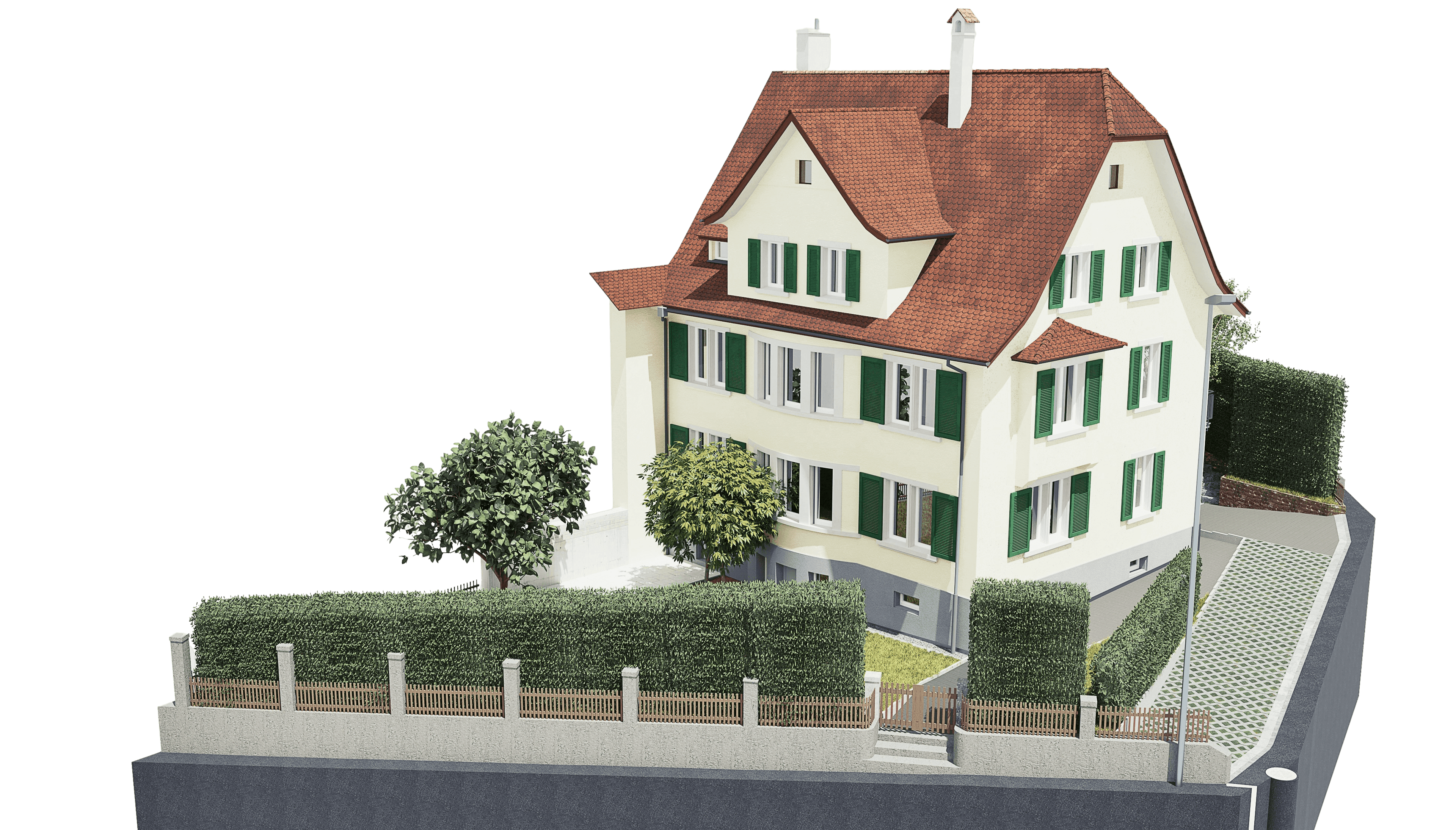 Ein klassisches zweistöckiges Haus mit rotem Dach und grünen Fensterläden, umgeben von einem gepflegten Garten und Hecken.
