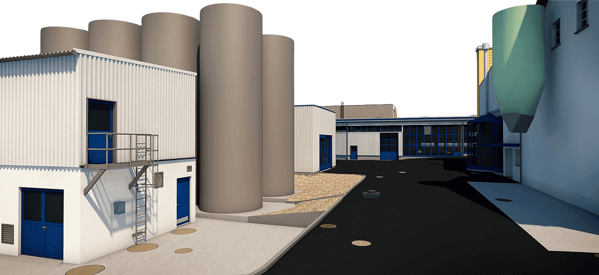 Industrielle Anlage mit mehreren Silos, modernen Gebäuden und Asphaltfläche bei Tageslicht.