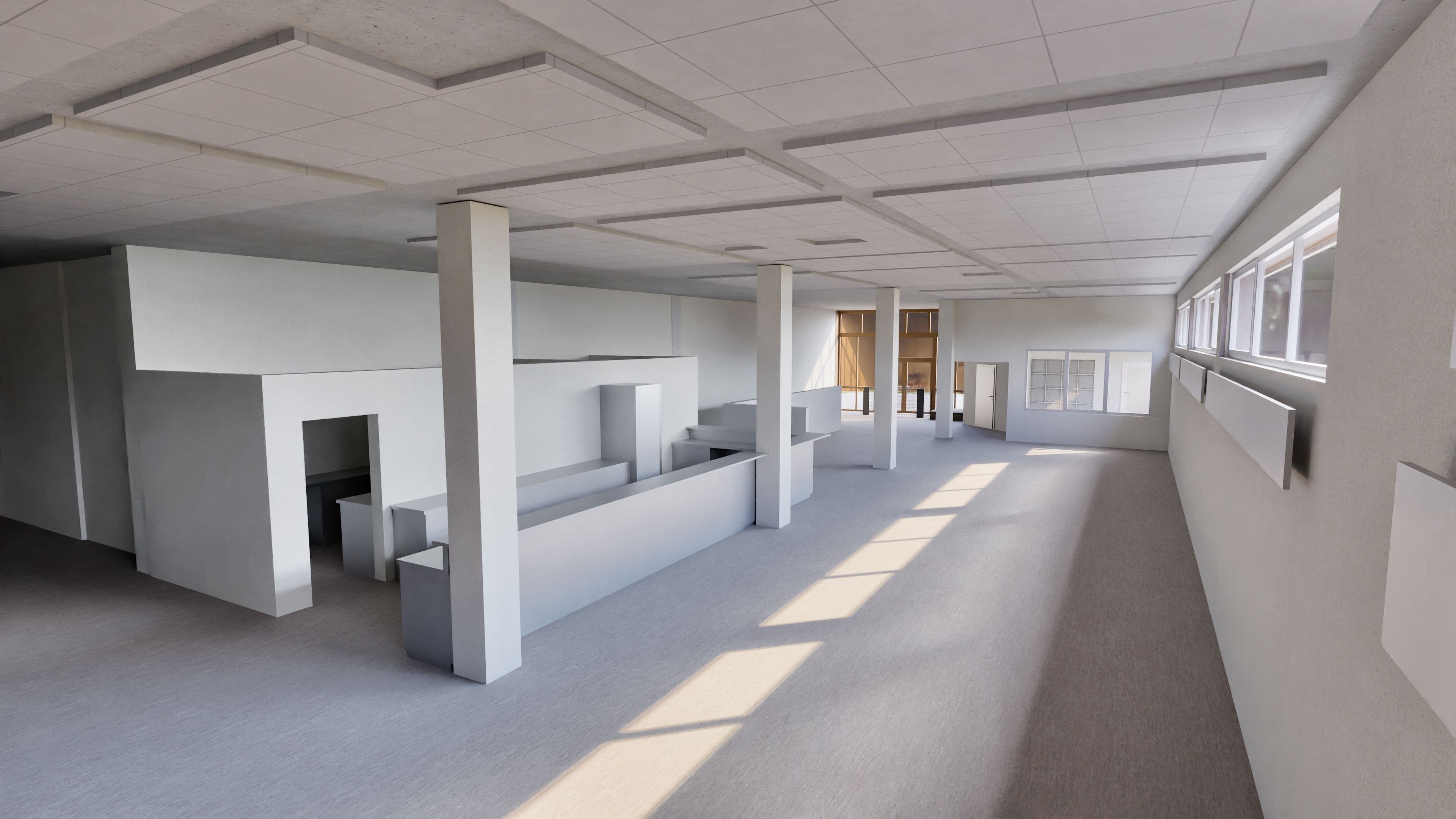 Helle, leere Büro- oder Loftfläche mit Säulen, abgehängter Decke und großen Fenstern; offene Raumaufteilung, langer Flur und Innenwände, Lichtstreifen auf dem Boden.