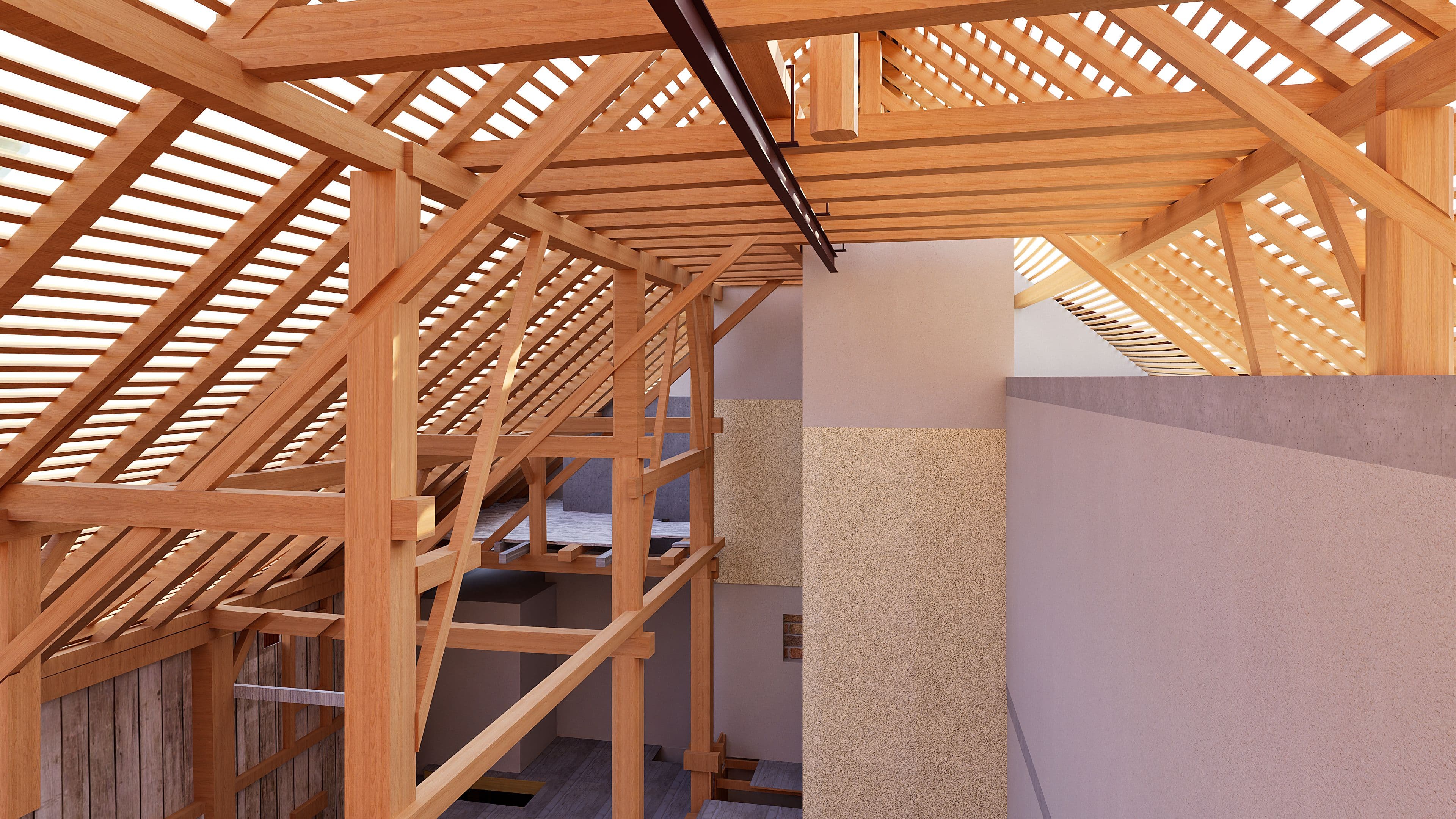 Holz-Dachstuhl im Innenraum: sichtbare Sparren und Lattenkonstruktion eines Dachausbaus mit Gaube, Balken und Zwischendecke, moderne Architektur und Handwerk beim Hausbau.