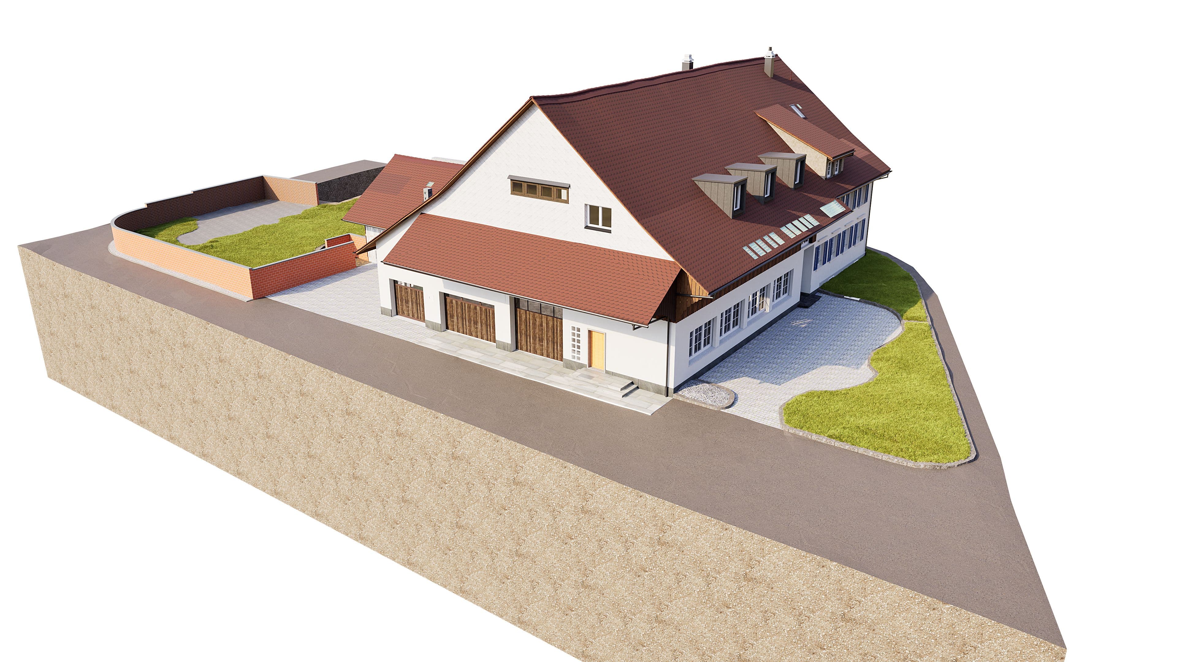 3D-Bestandsmodell eines Wohnhauses mit Stall aus präziser Gebäudevermessung mittels 3D-Laserscanning als Grundlage für Planung im Bestand durch VDE