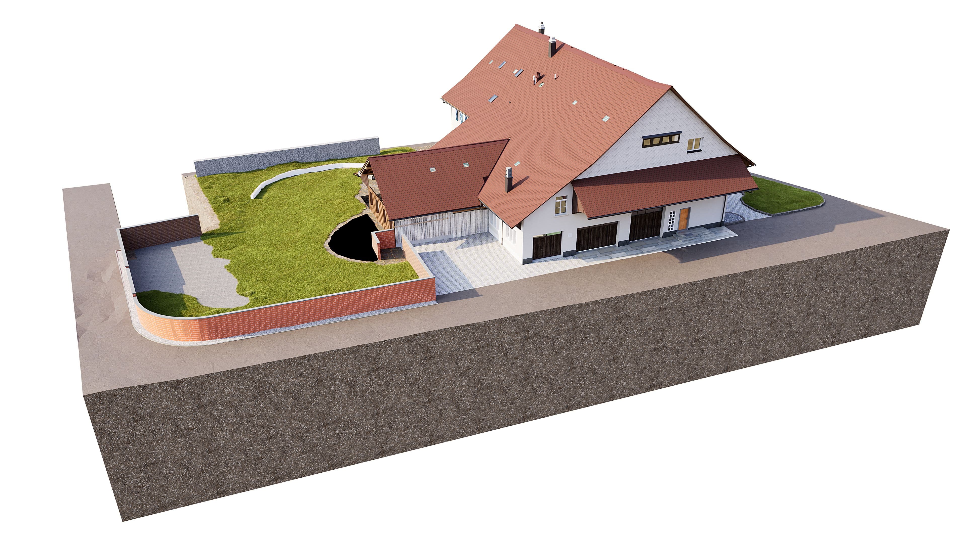 3D-Visualisierung eines Einfamilienhauses mit rotem Ziegeldach, Garage, gepflasterter Einfahrt und Gartenfläche auf Grundstücksschnitt – Architekturdarstellung und Immobilienplanung.