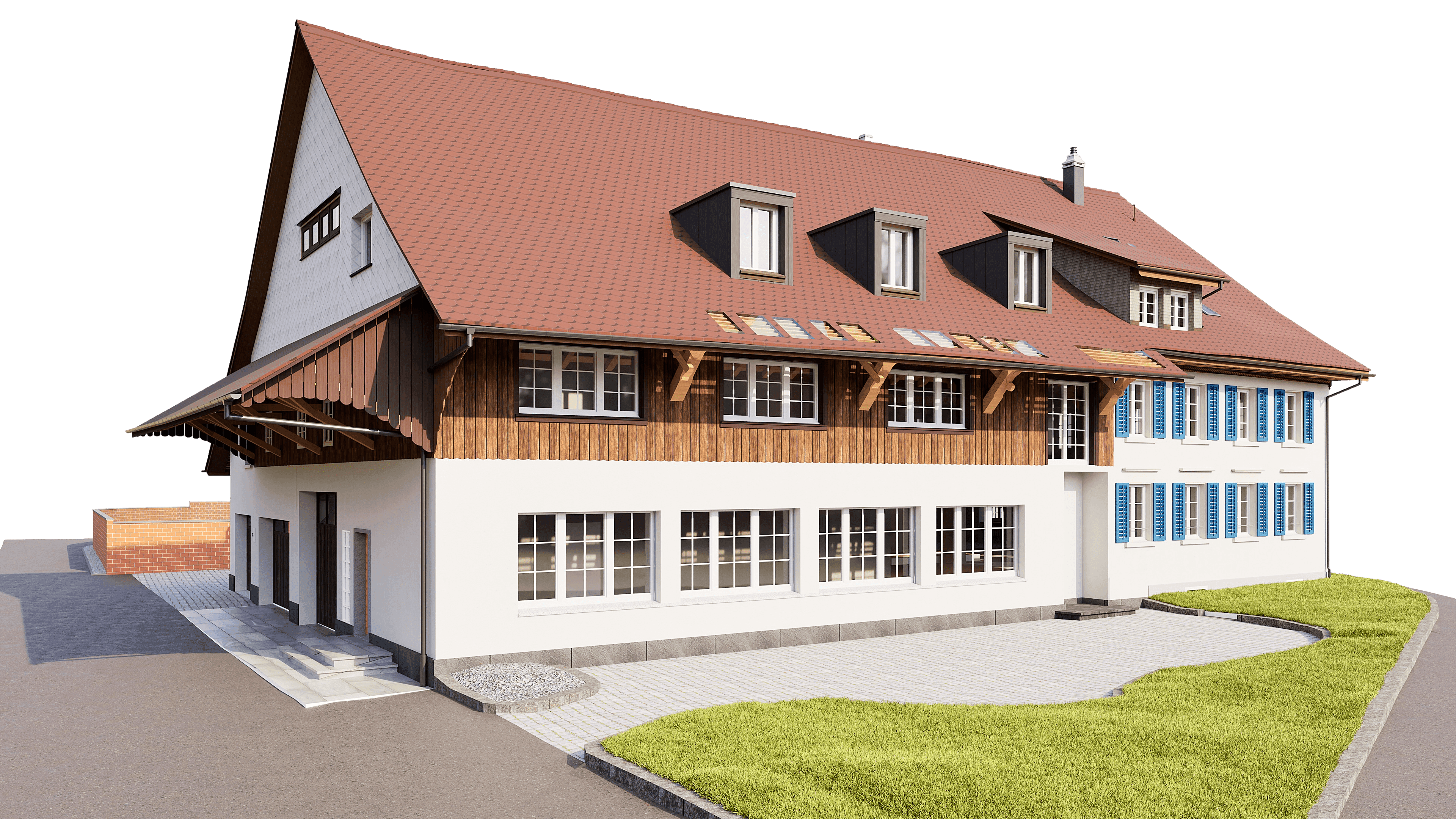 3D-Bestandsmodell eines Wohnhauses mit Stall aus präziser Gebäudevermessung mittels 3D-Laserscanning als Grundlage für Planung im Bestand durch VDE