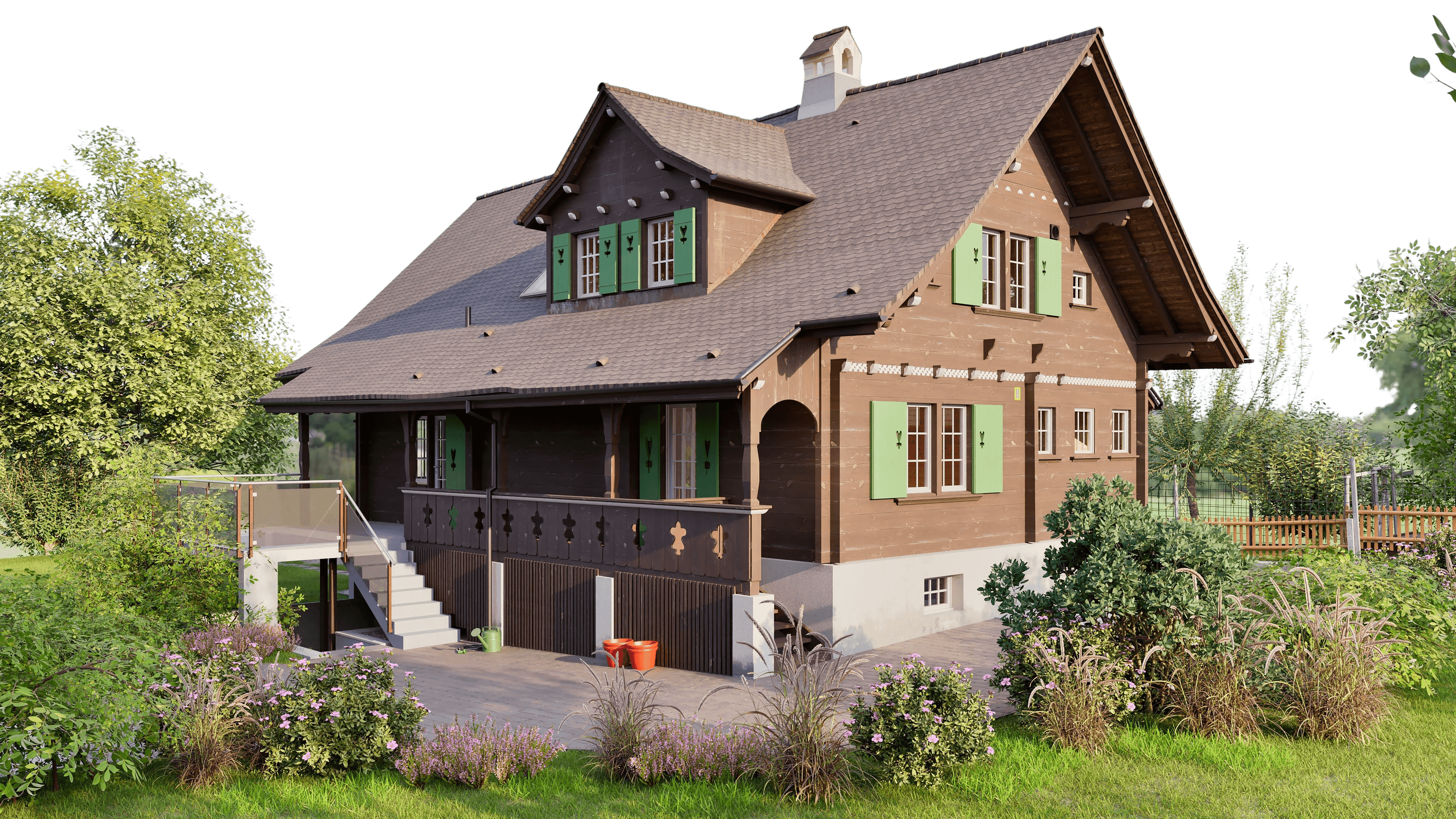 Ein traditionelles Holzhaus mit grünen Fensterläden in einem grünen Garten.