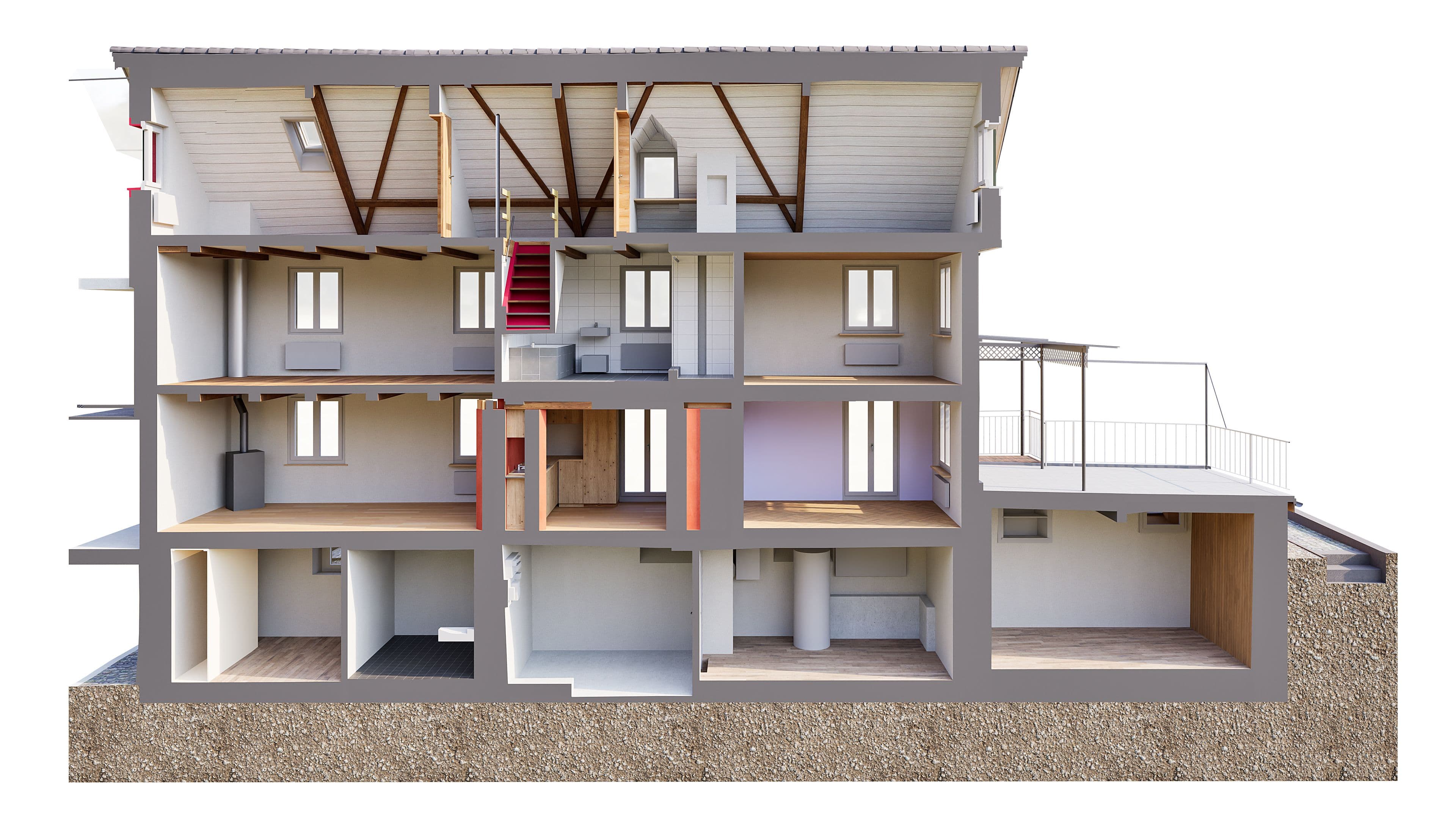 3D-Schnittansicht eines mehrstöckigen Wohnhauses mit Dachstuhl, Treppenhaus und Innenräumen; Architektur-Visualisierung mit Zimmeraufteilung, Fenstern und Keller auf weißem Hintergrund.