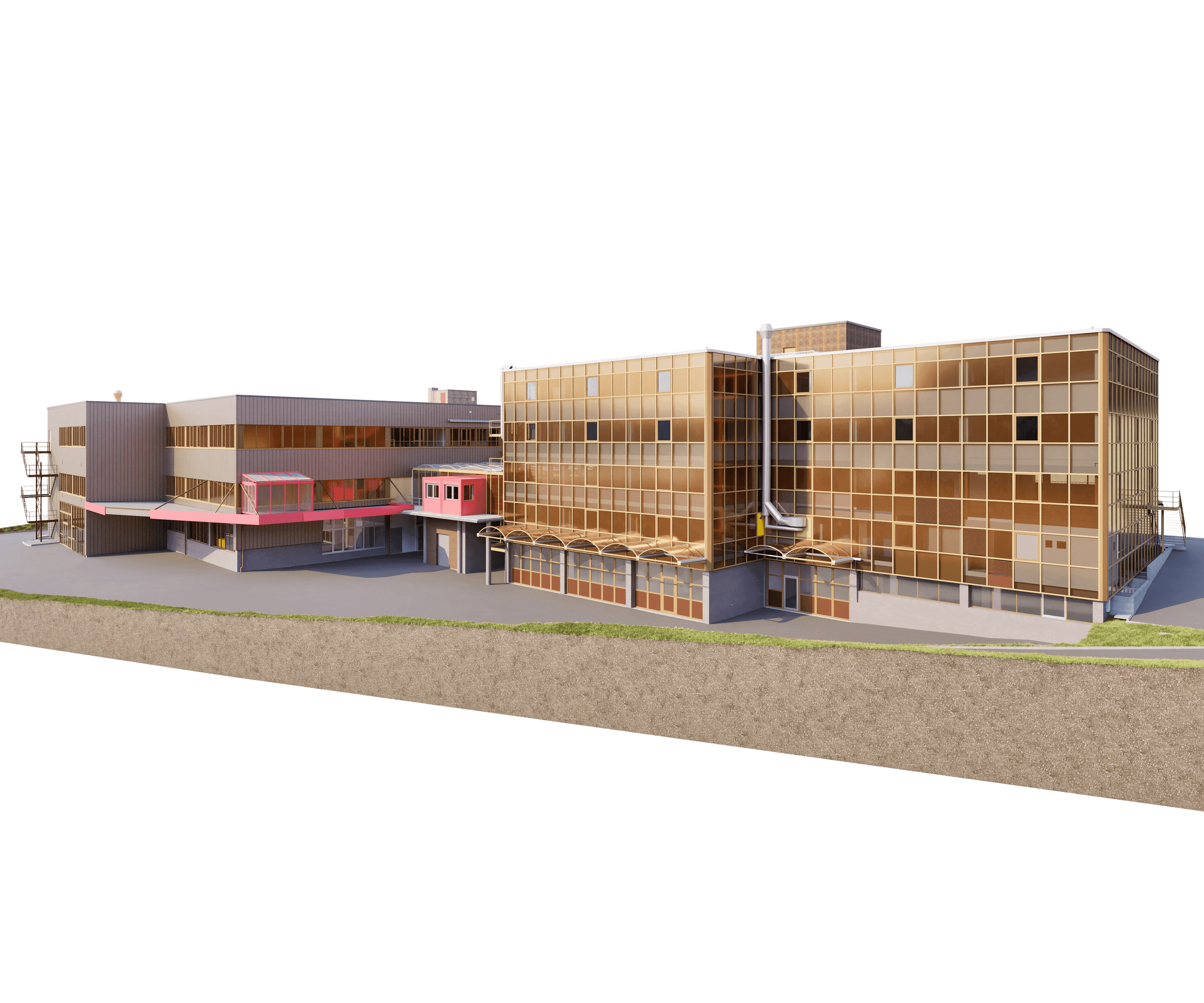 3D-Rendering eines großen Industrie- oder Fabrikgebäudes mit mehrstöckiger Fassade, Glasfenstern, Rohrleitungen und Anbau auf neutralem Hintergrund.