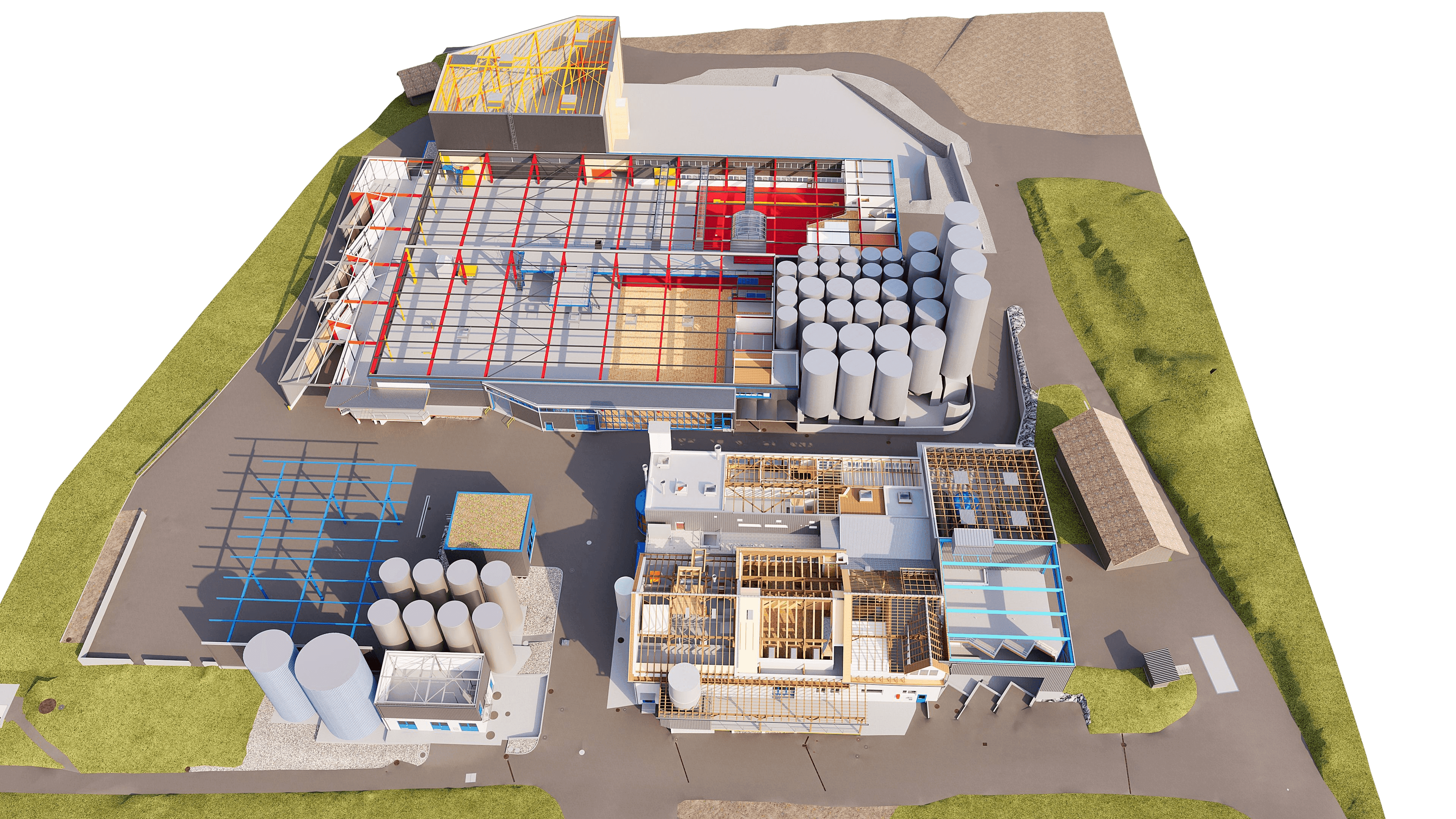 3D-Rendering einer Industrieanlage im Bau: Hallenkonstruktion mit Stahlträgern, Tanks/Silos, Baustellenfahrwegen und Fundamenten aus Vogelperspektive auf einem Werksgelände.