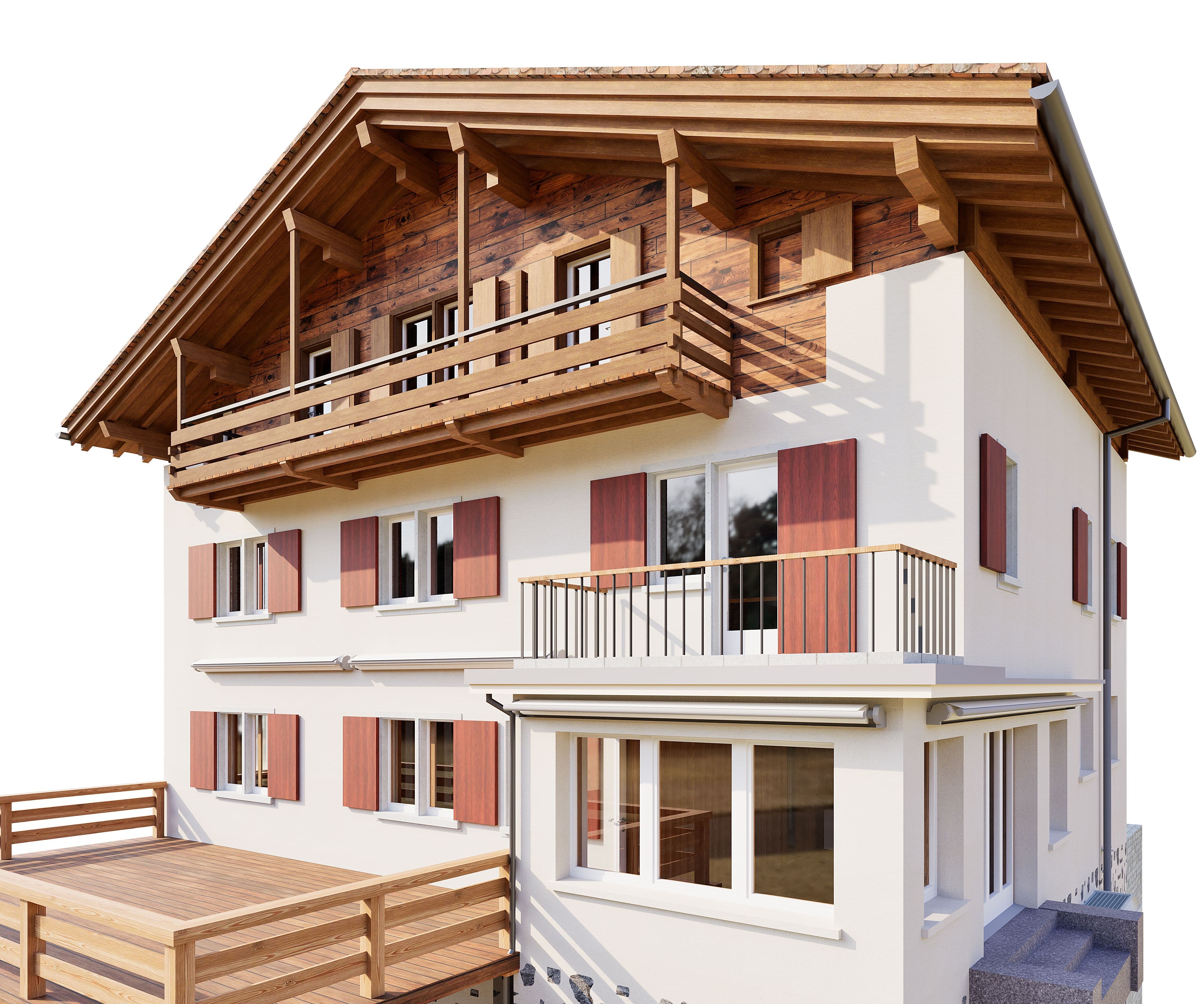 Modernes Alpen-Chalet: weißes Wohnhaus mit Holzgiebel, großem Balkon, Fensterläden und Terrasse, freigestellt vor weißem Hintergrund.
