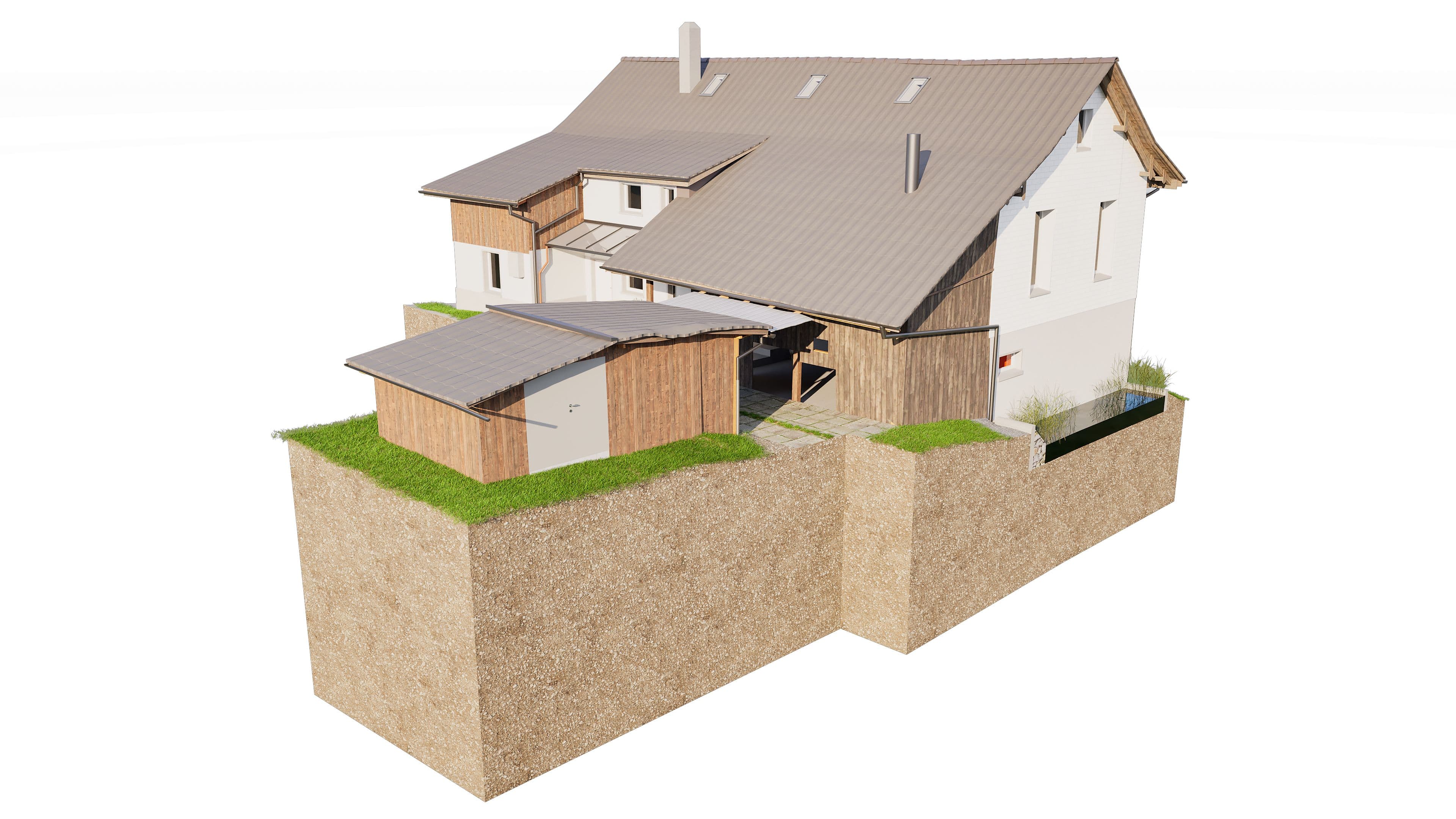 3D-Modell eines Einfamilienhauses mit Querschnittsansicht des Untergrunds.