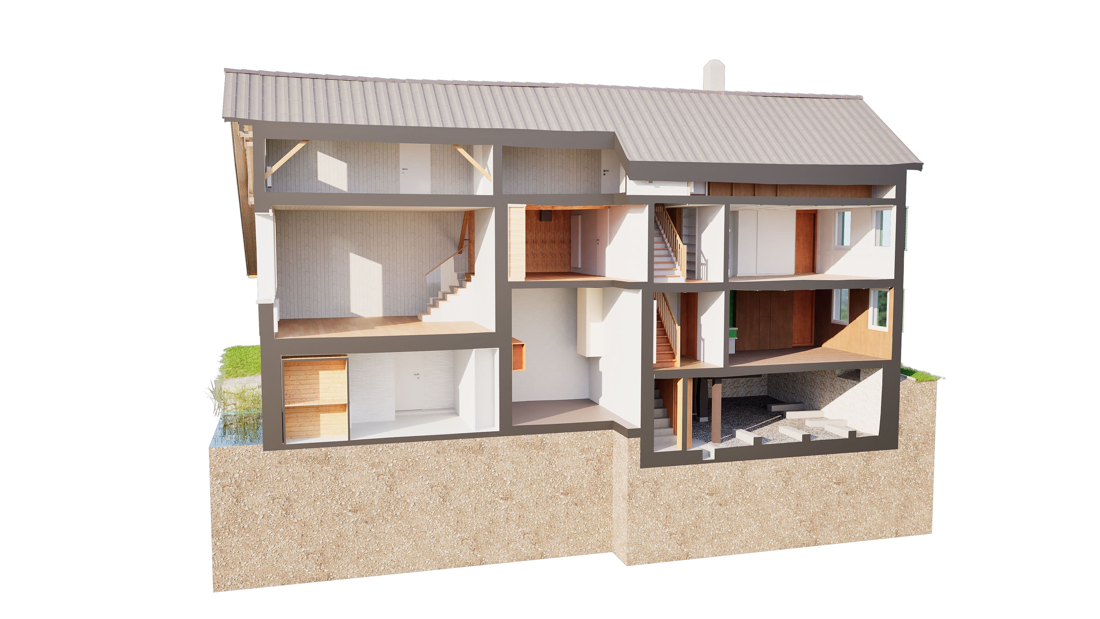 3D-Schnittmodell eines zweistöckigen modernen Einfamilienhauses mit Innenansicht.
