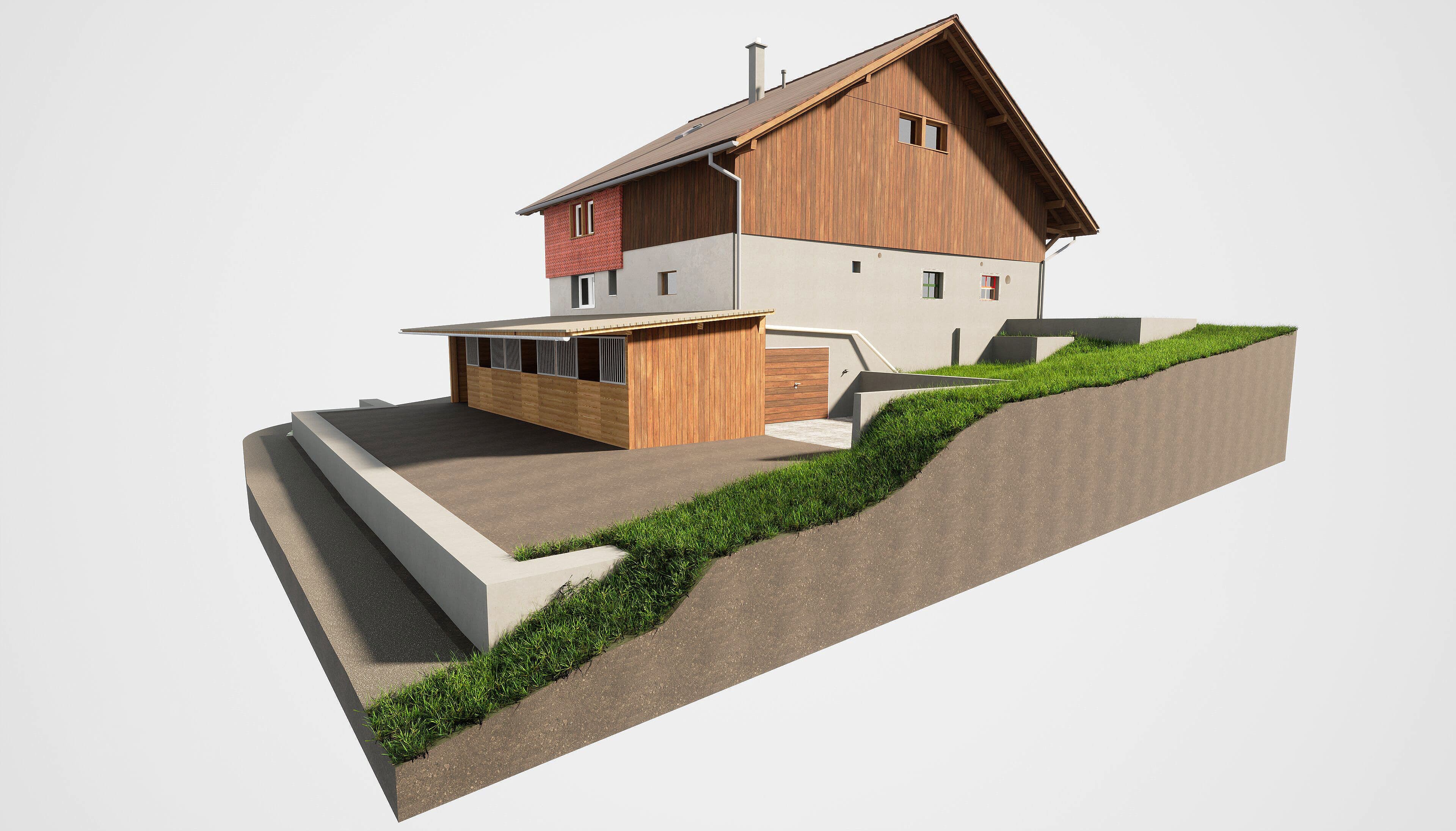 Modernes Einfamilienhaus mit Holzfassade auf einem grünen Hang.