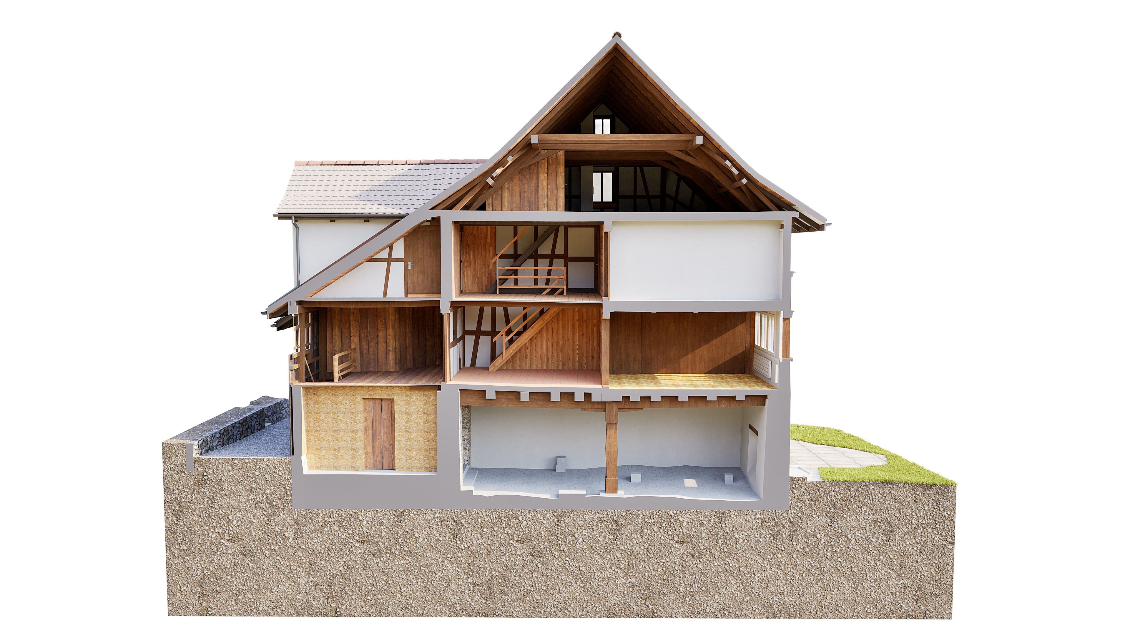 3D-Schnittansicht eines modernen Holzhauses mit Satteldach, sichtbar sind Dachstuhl, Innenräume und Keller/ Garage im Querschnitt auf einem Erdquader, Architekturvisualisierung für Bauplanung.