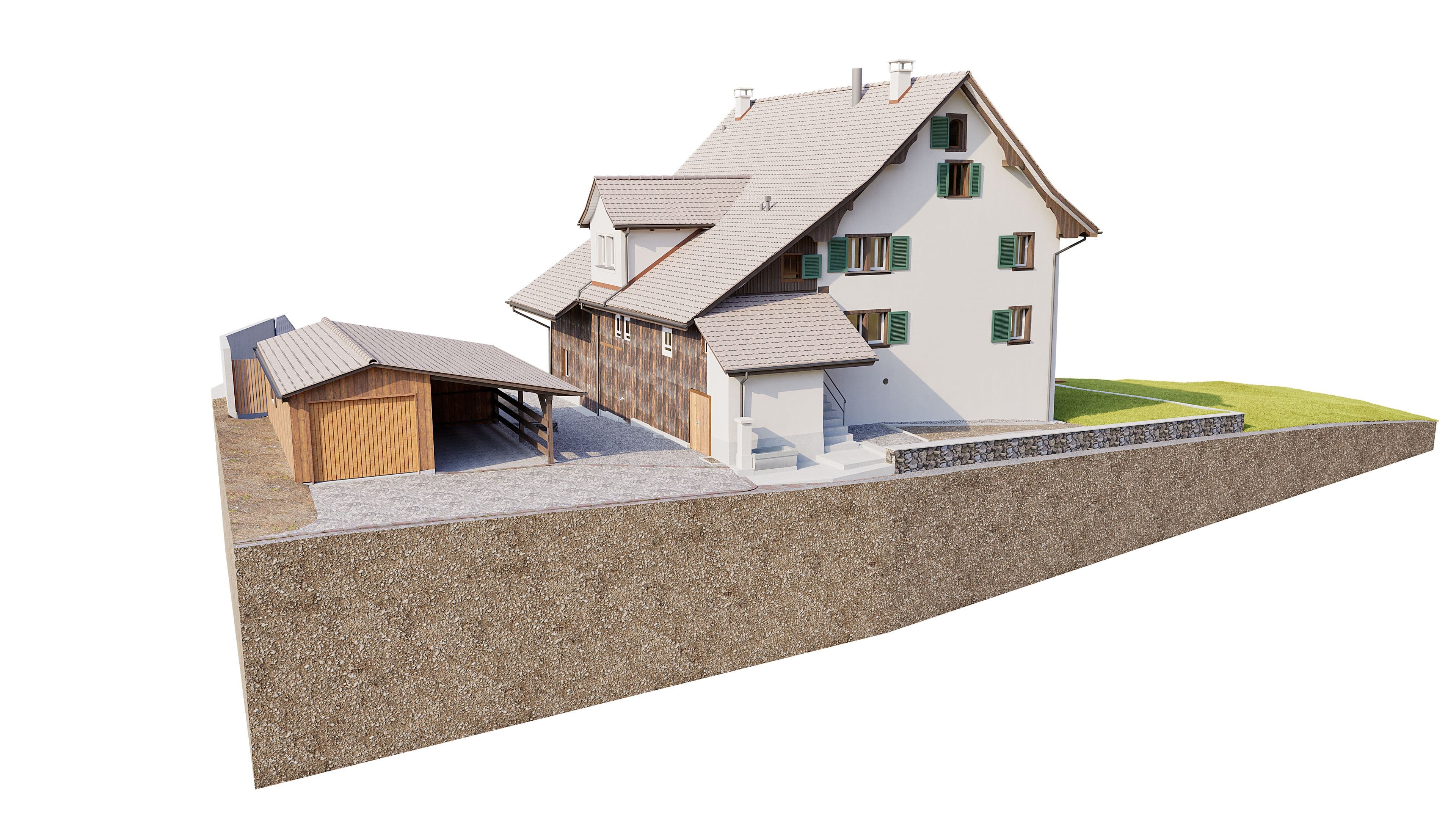 3D-Architekturvisualisierung eines ländlichen Bauernhauses mit Nebengebäude, grauem Satteldach, grünen Fensterläden und Hofeinfahrt auf Grundstücksmodell, freigestellt vor weißem Hintergrund.