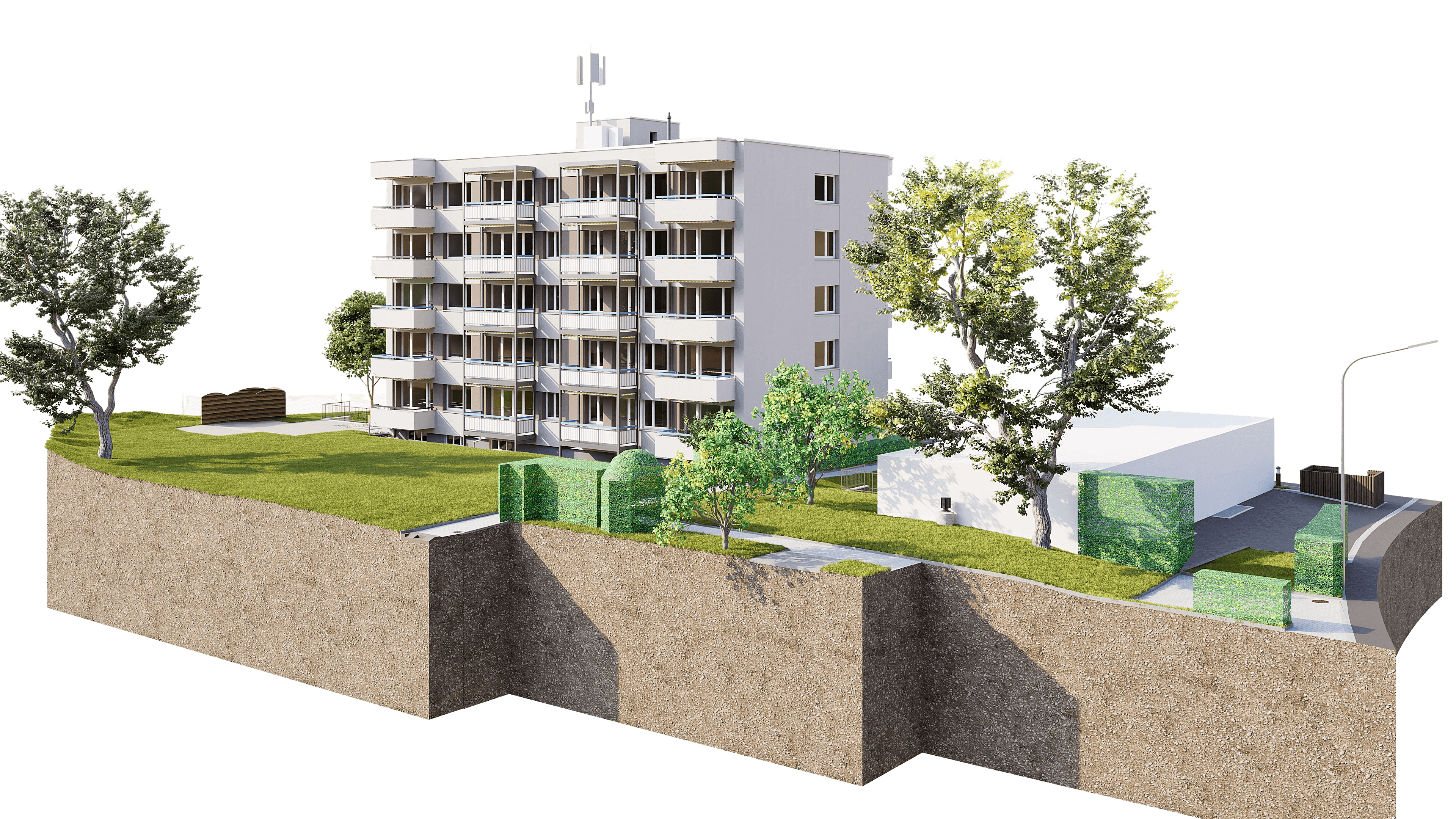 3D-Architekturvisualisierung eines modernen mehrstöckigen Wohngebäudes mit Balkonen auf Hanggrundstück, Grünflächen, Bäumen, Zaun und Zufahrt mit Straßenlaternen.