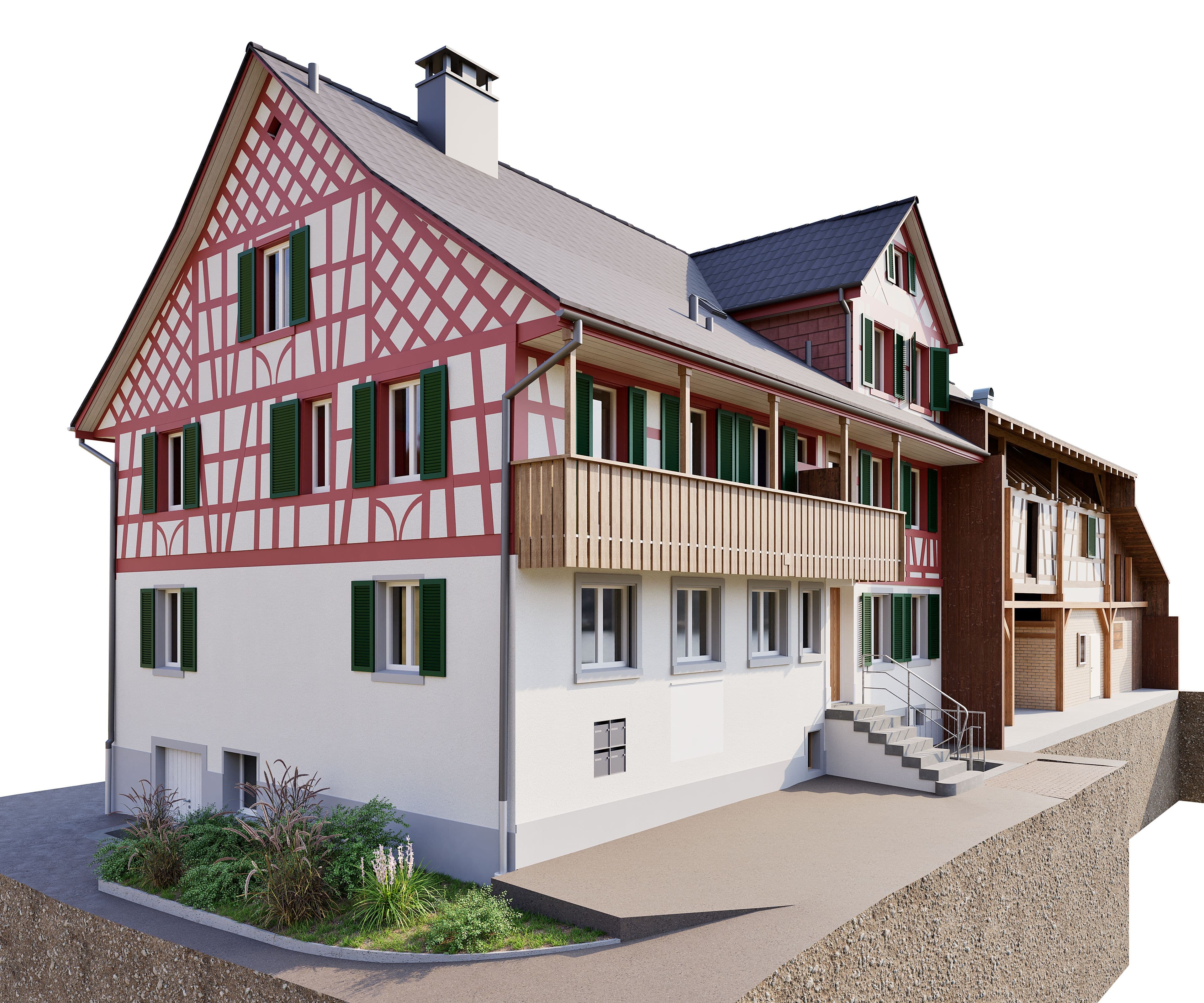 Innenansicht eines Fachwerkgebäudes mit sichtbarer Holzkonstruktion