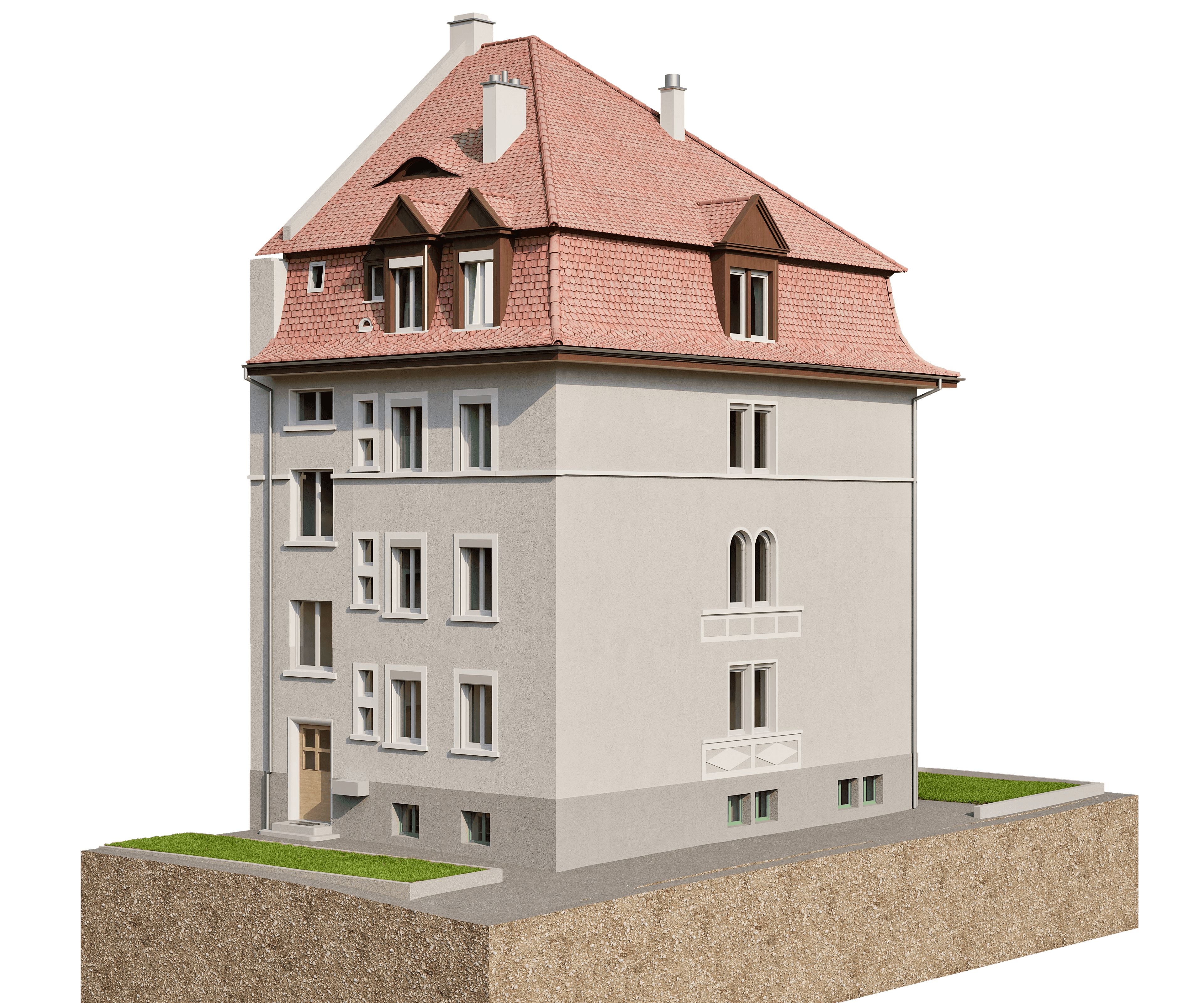 Ein vierstöckiges Wohnhaus mit rotem Schrägdach, abgebildet auf einem Geländeabschnitt.