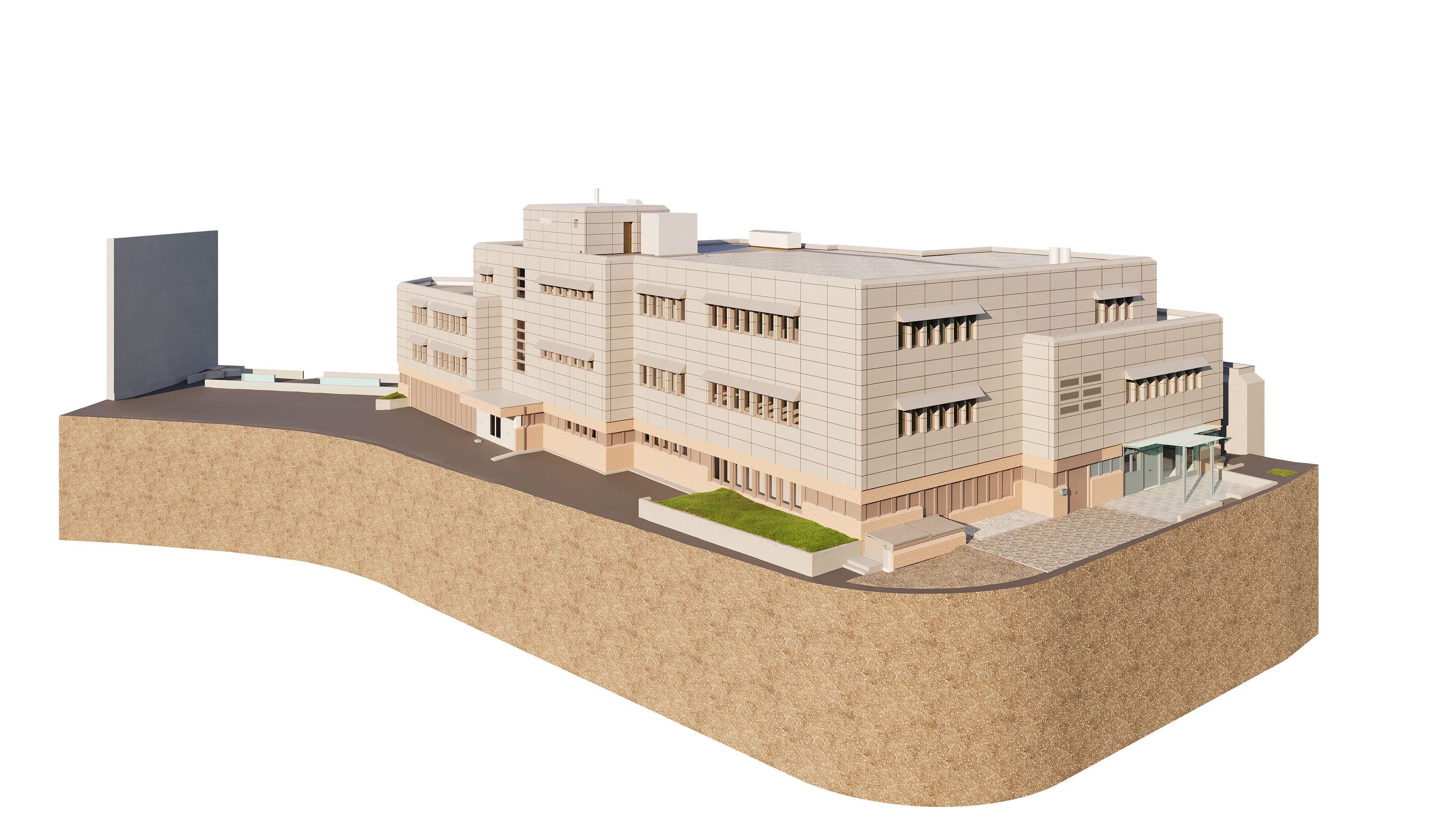 3D-Modell eines modernen Gebäudekomplexes auf einem Hügel, Architekturvisualisierung.