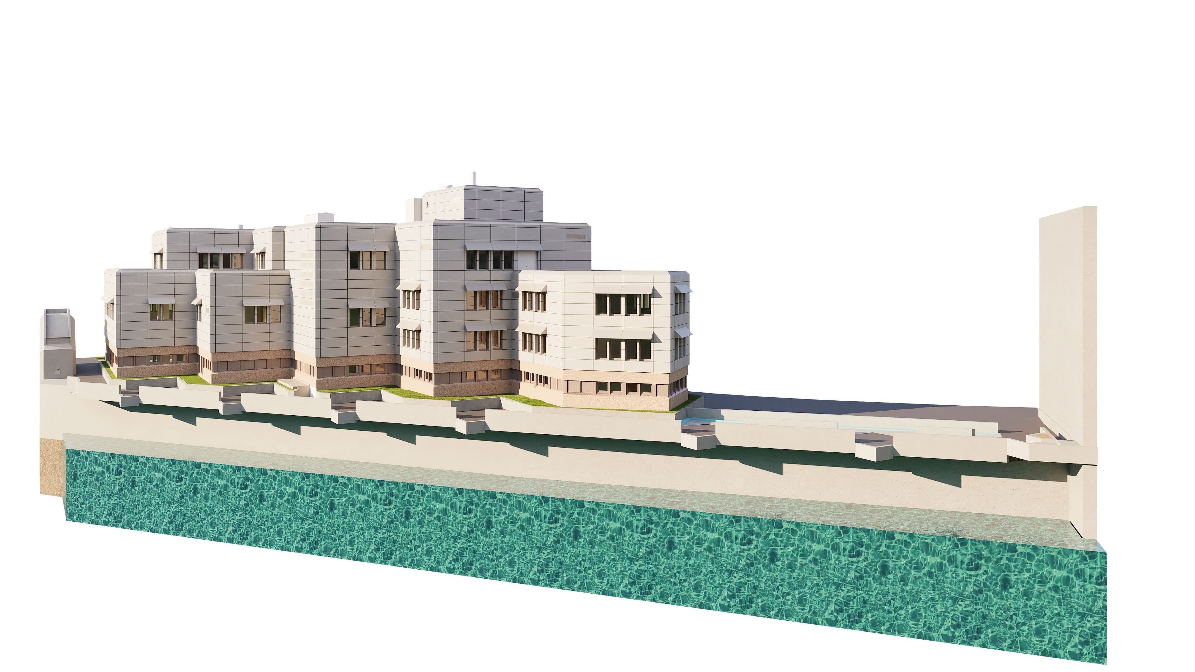 3D-Modell eines modernen, mehrstöckigen Gebäudekomplexes mit Flachdächern und Balkonen, isoliert auf weißem Hintergrund.