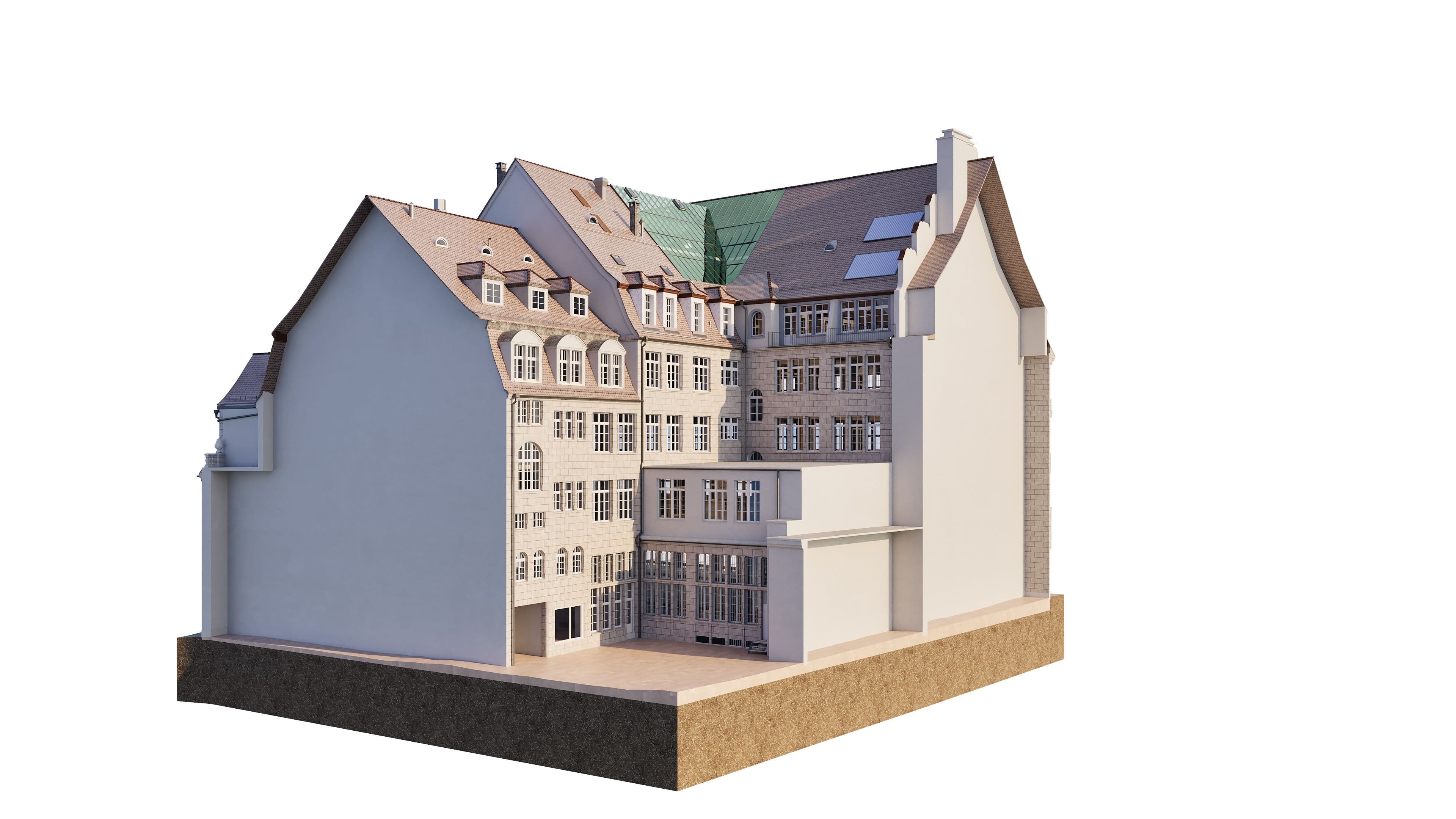 Altes mehrstöckiges Gebäude mit grünen Dächern und zahlreichen Fenstern, architektonische Visualisierung.