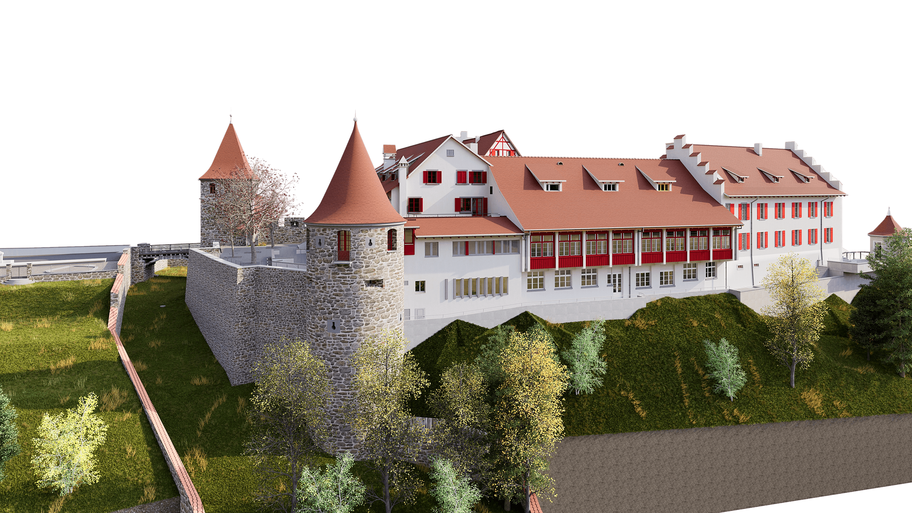 3D-Visualisierung einer historischen Burganlage mit roten Dächern und Rundtürmen auf einem Hügel, umgeben von Bäumen und Mauer, perspektivische Außenansicht.