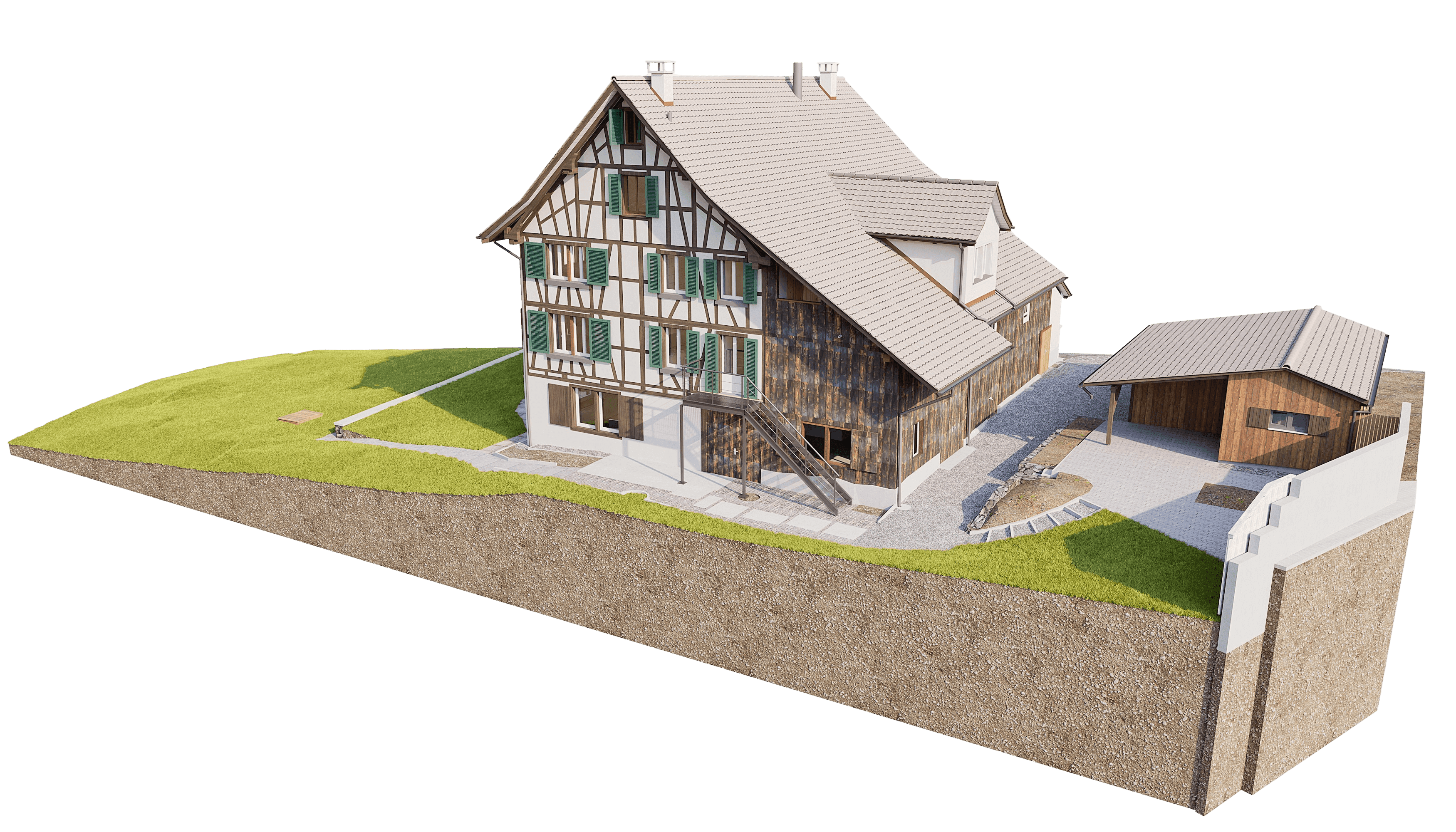 3D-Architekturvisualisierung eines traditionellen Fachwerkhauses mit Satteldach, Holzfassade und Anbau auf Grundstücksschnitt mit Garten, Terrasse, Zufahrt und Nebengebäude (Carport/Schuppen).