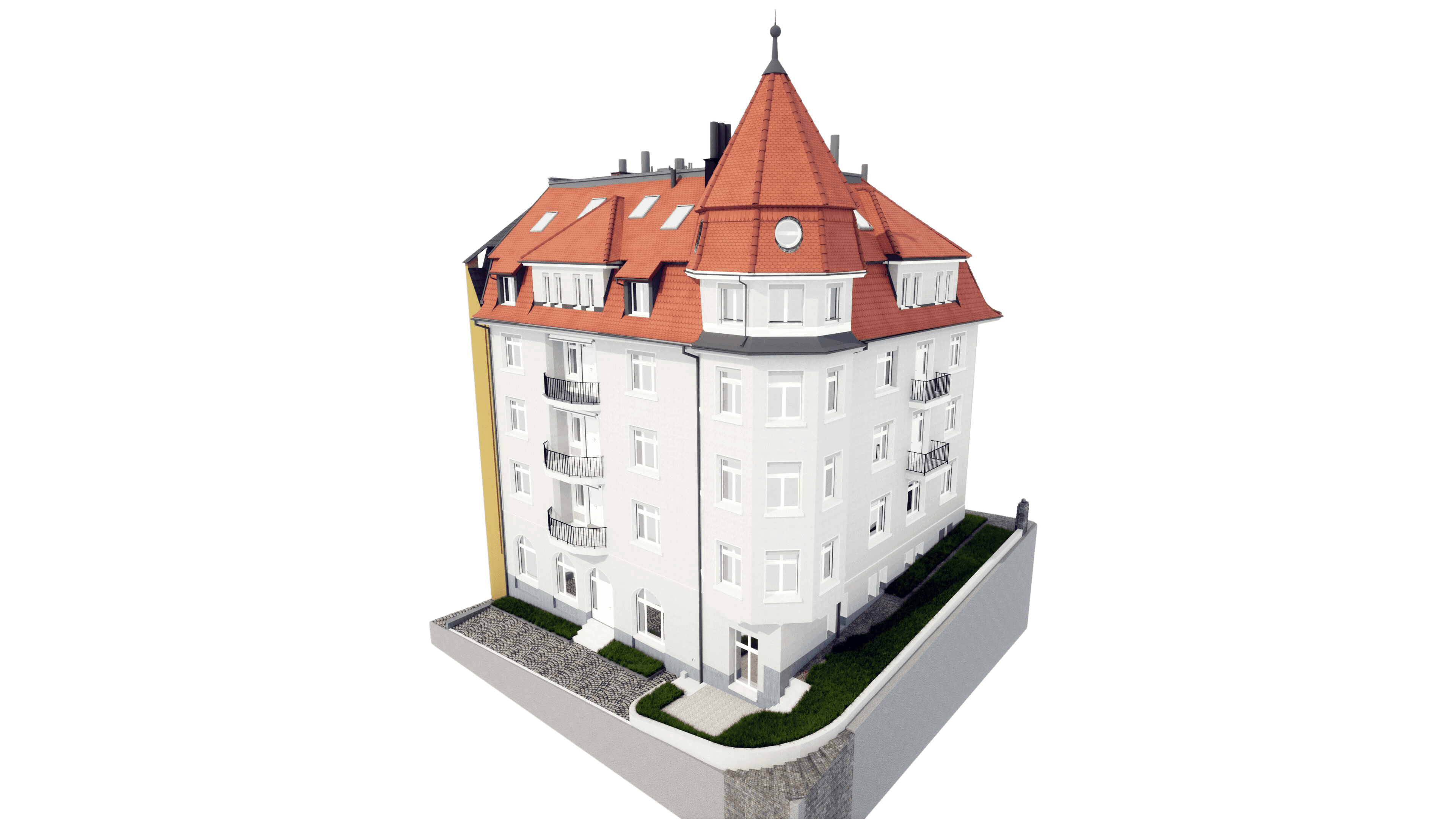 Ein historisches Gebäude mit einem roten Dach und Erkern, umgeben von einem gepflegten Hof.