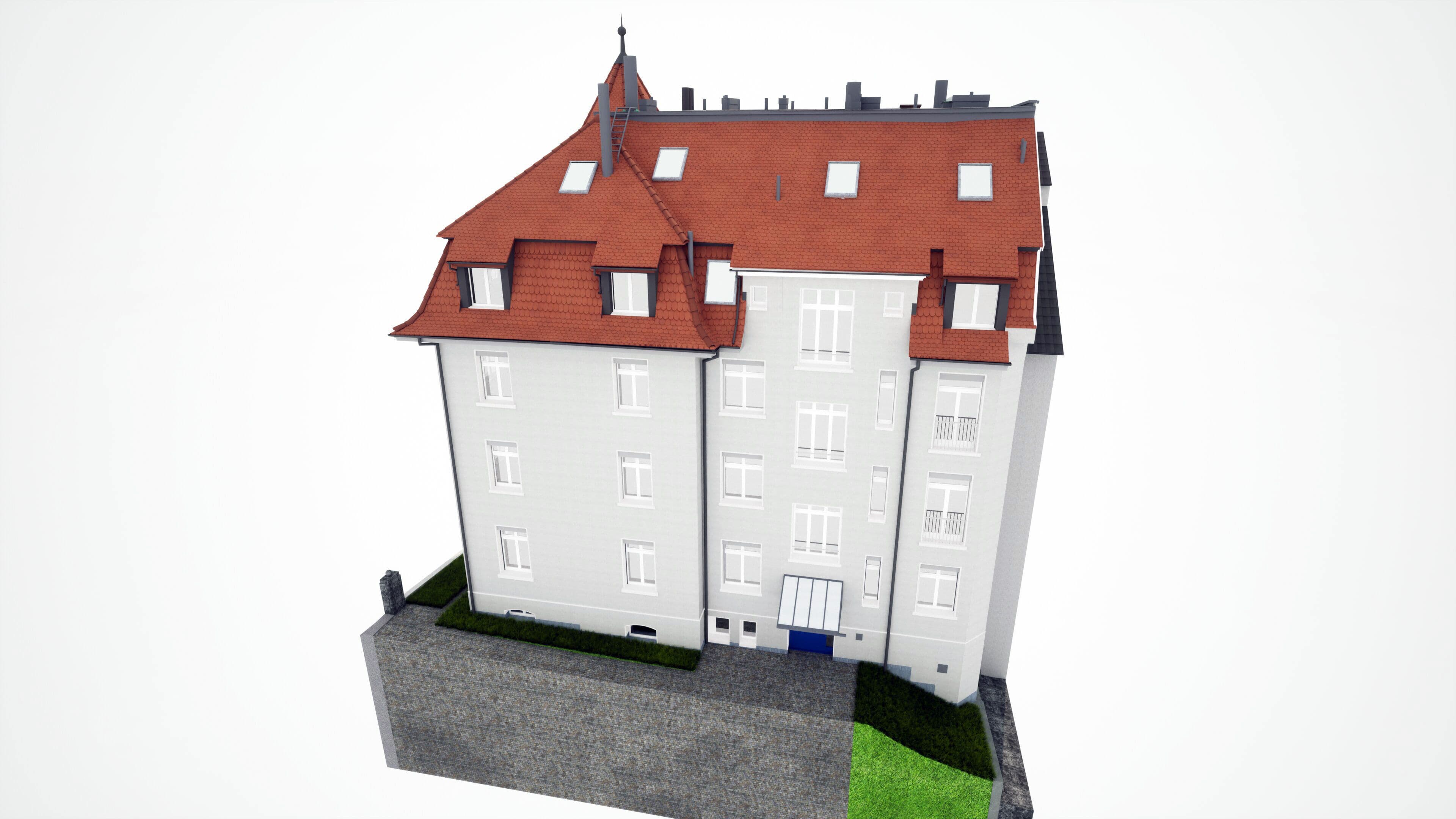 Ein mehrstöckiges Gebäude mit weißer Fassade und rotem Dach, umgeben von Steinmauer und Rasen.
