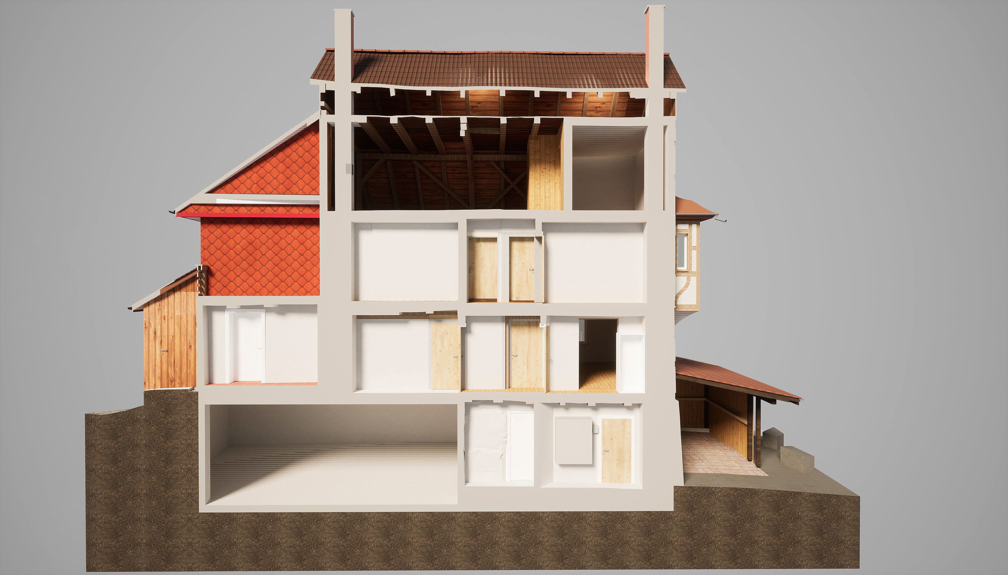 3D-Schnittmodell eines mehrstöckigen Hauses, visualisiert die Innenstruktur.