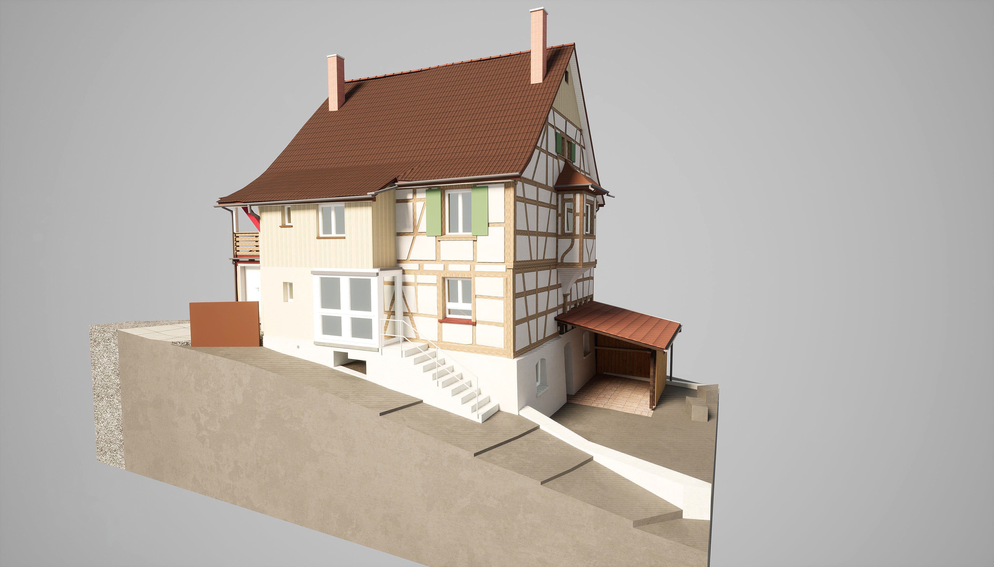 3D-Modell eines Fachwerkhauses mit rotem Dach und Anbau auf einer Böschung.