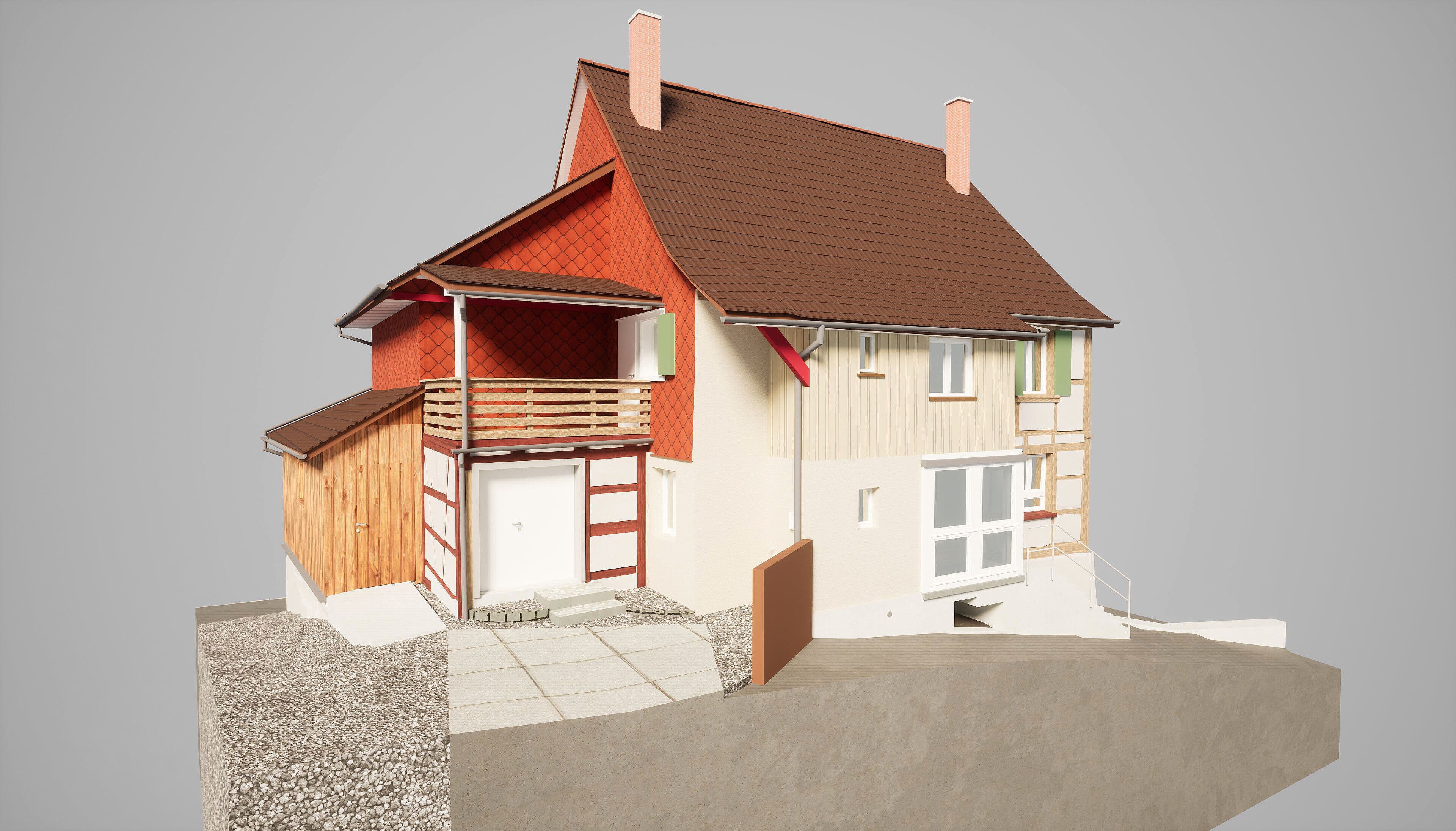 3D-Modell eines Einfamilienhauses mit rotem Dach und Balkon, isoliert auf weißem Hintergrund.