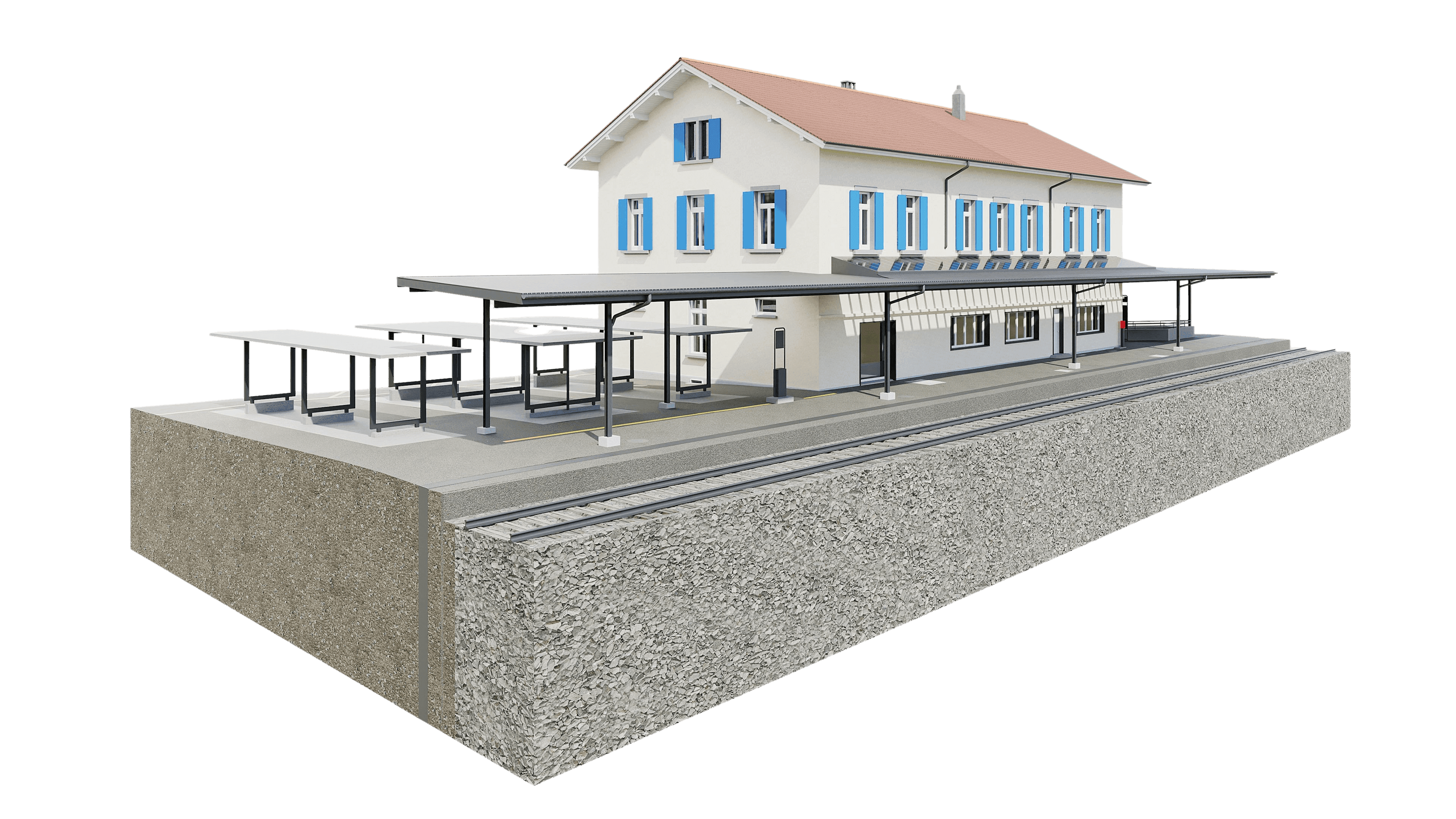 Ein Modell eines zweistöckigen Bahnhofsgebäudes mit Bahnsteigen und Überdachungen.