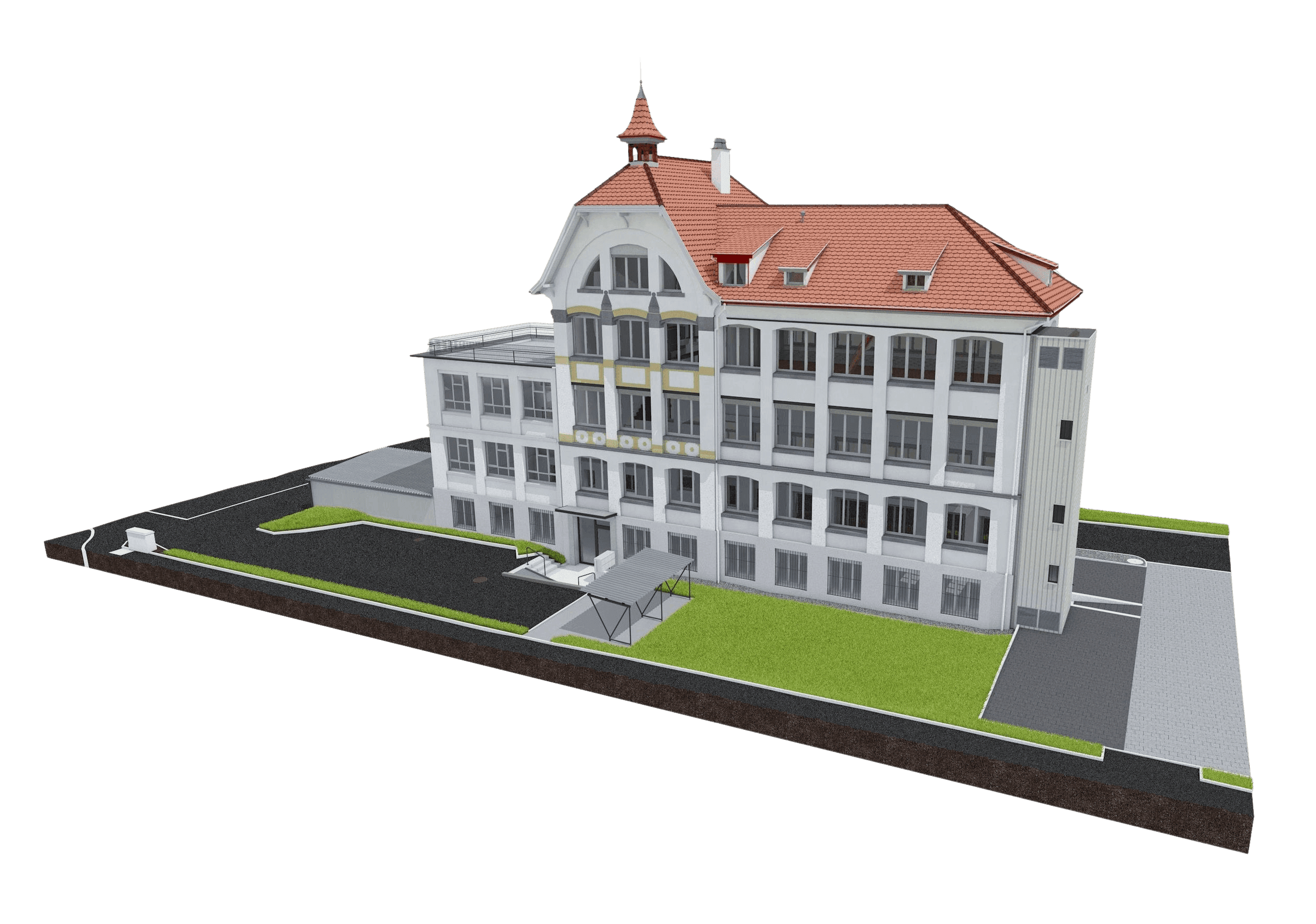 Ein 3D-Modell eines mehrstöckigen Gebäudes mit roten Dächern, umgeben von Grünflächen und Wegen.
