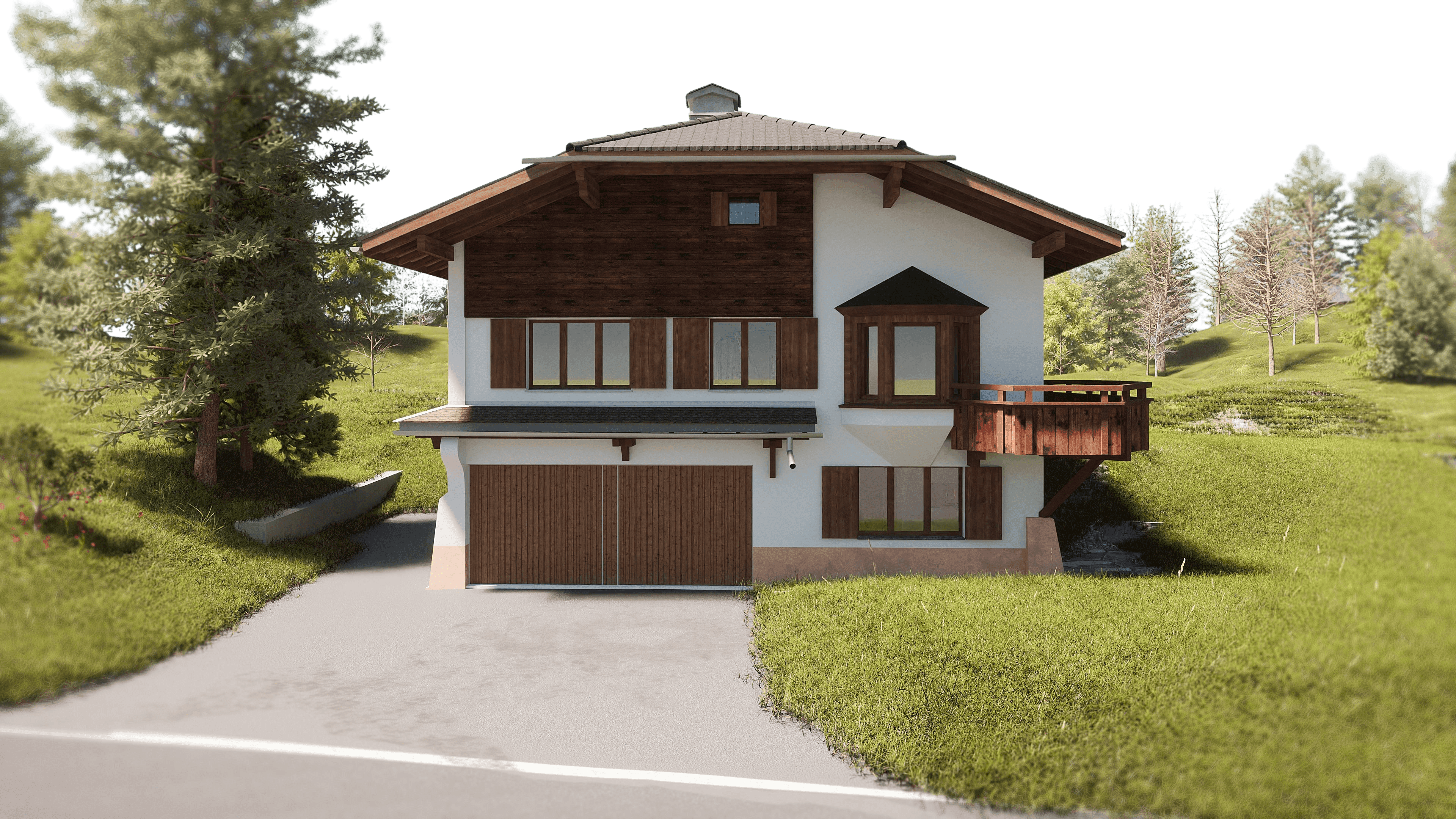 Zweistöckiges Holzhaus in grüner Hügellandschaft, umgeben von Bäumen.