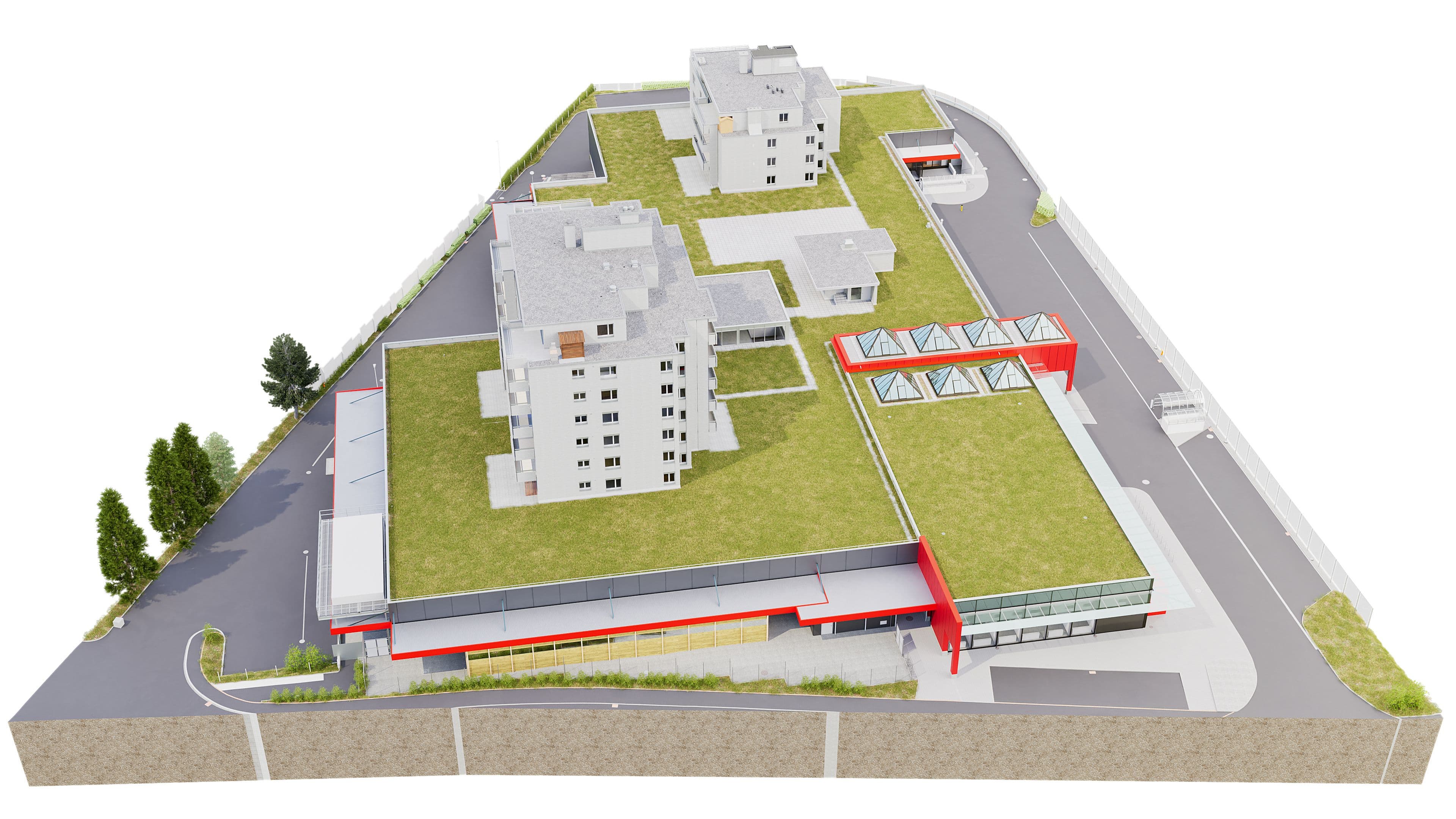 Ein modernes Gebäude mit begrünten Dächern und roten Akzenten, umgeben von Straßen.