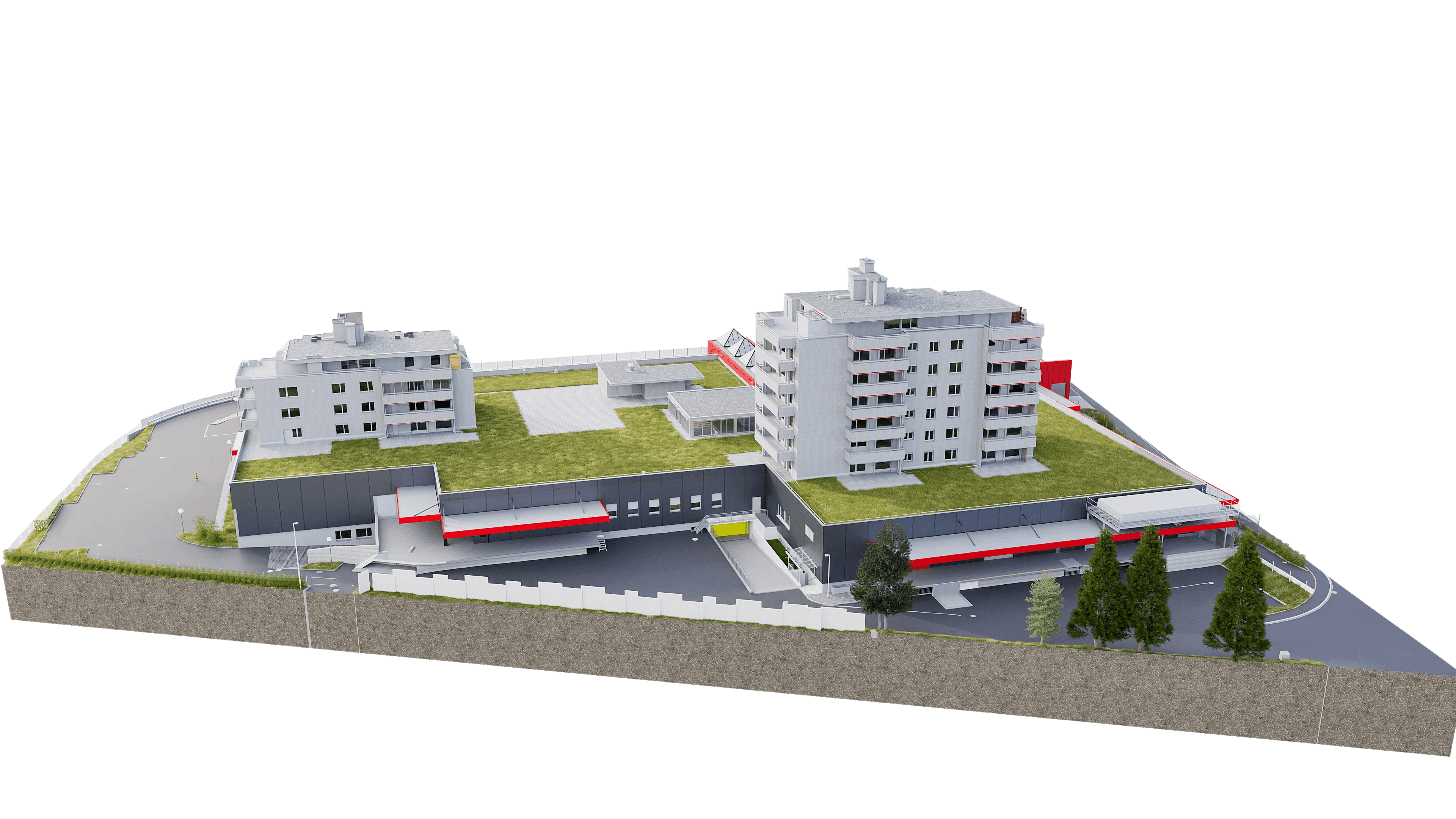 Neues Wohnkomplex mit modernen Gebäuden und grünen Dächern, umgeben von Wegen und Bäumen.