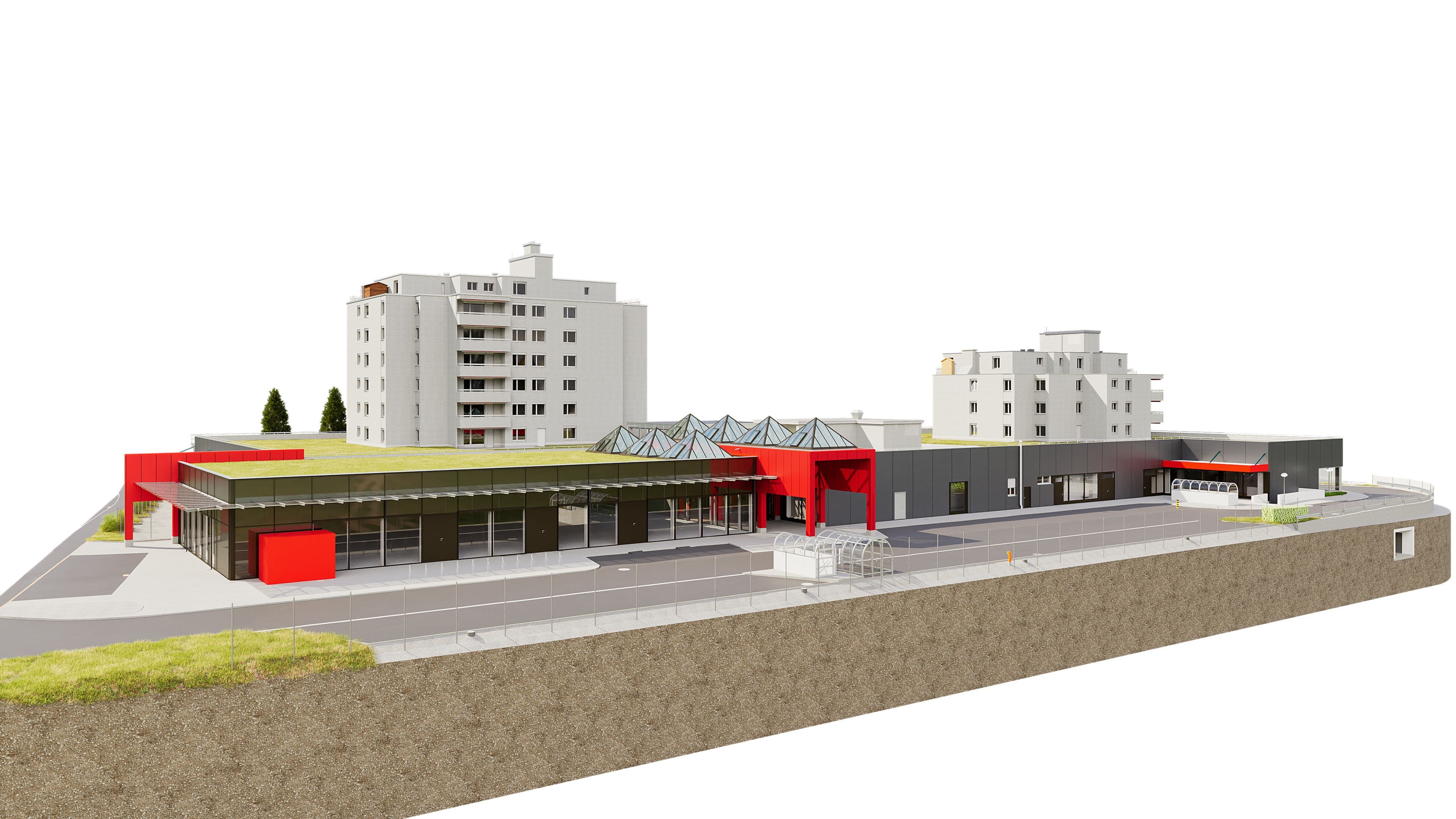 Modell eines modernen Gebäudekomplexes mit Flachdach und begrünten Elementen, in einer städtischen Umgebung, Architekturdesign in Rot und Grau.