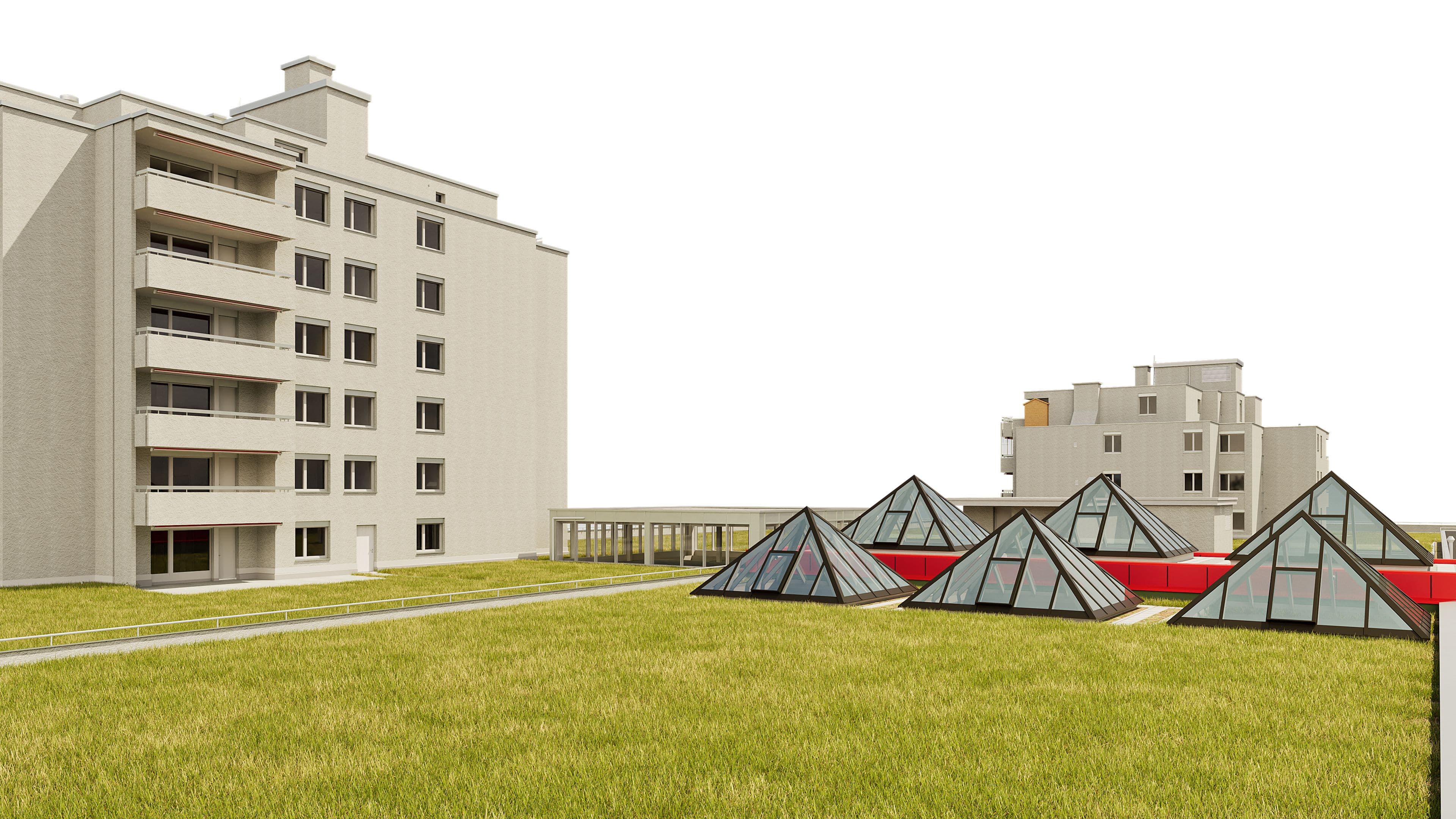 Ein modernes Wohngebäude mit Balkonen neben einer Rasenfläche und gläsernen Pyramidenstrukturen.